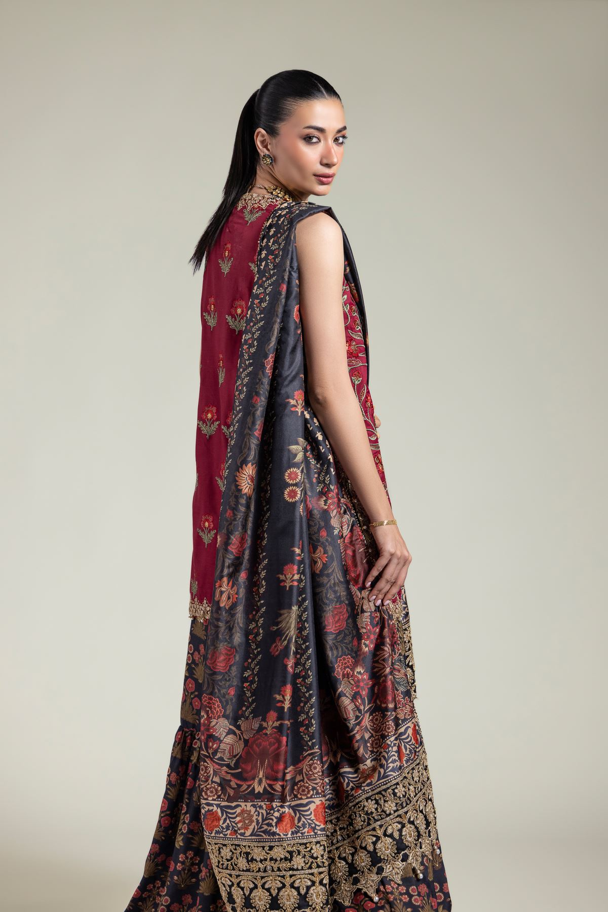 Embroidered Raw Silk Three-Piece Silk Set - 12-26-115-F-B-VG