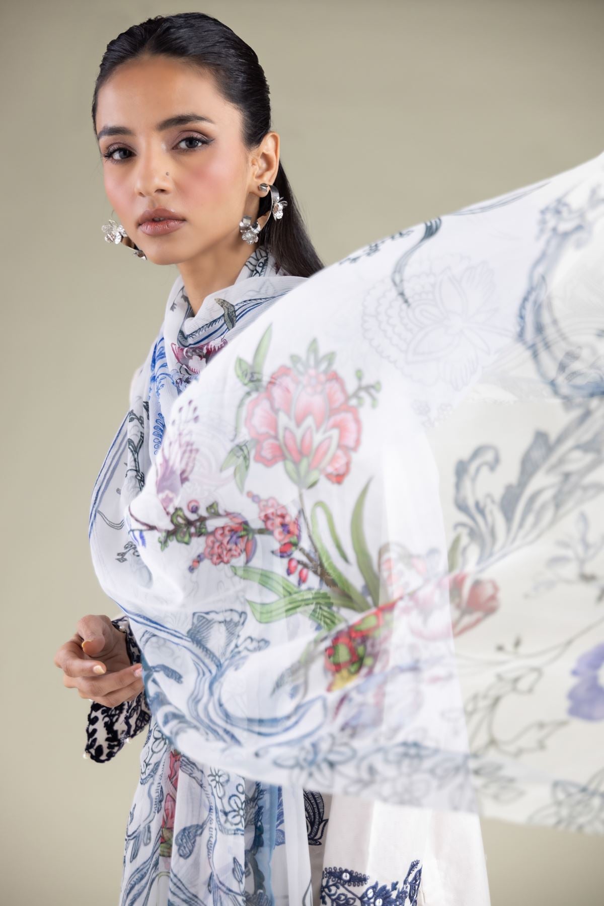 Embroidered Chiffon Floral Draped Dupatta - 1-26-117-A-G-VG