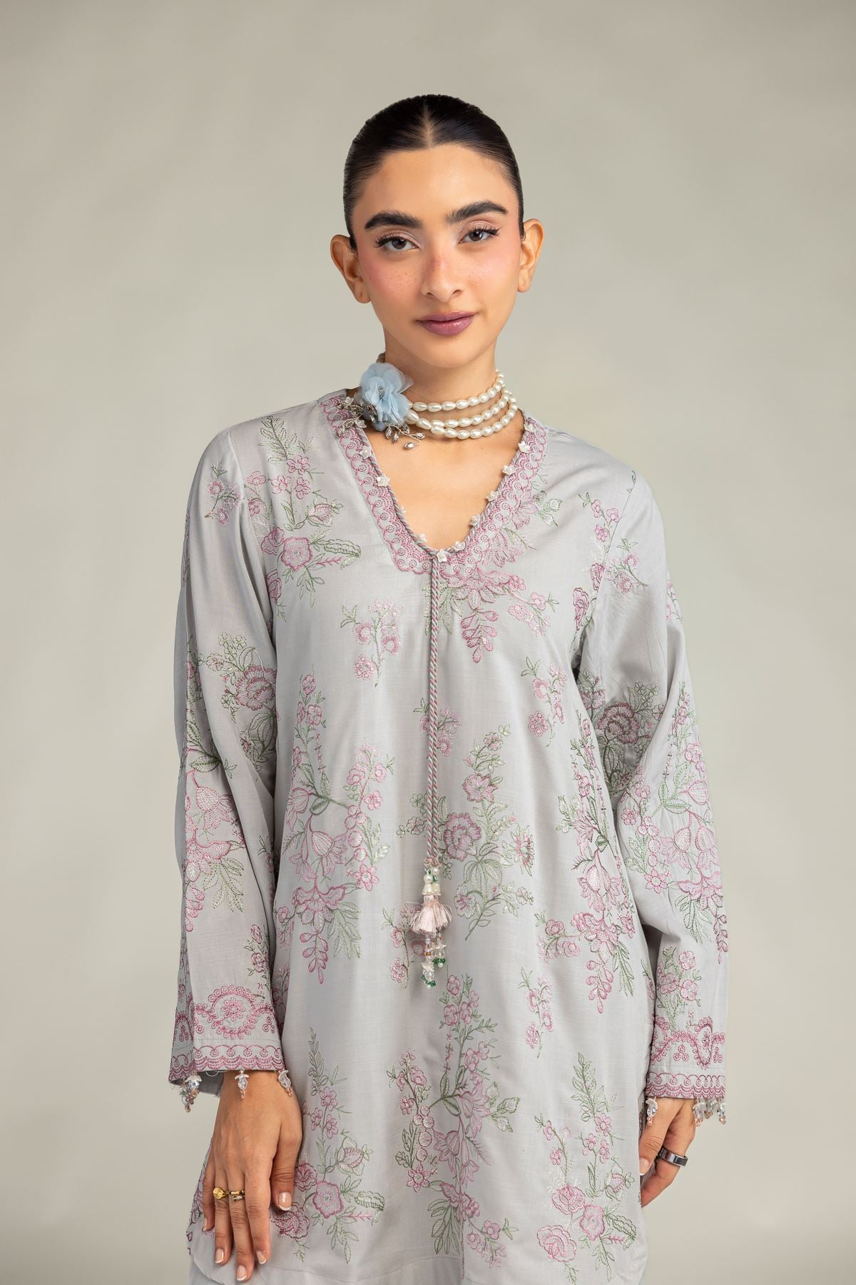 Embroidered Raw Silk Floral V-Neck Kurta - 1-26-322-B-A1-VG