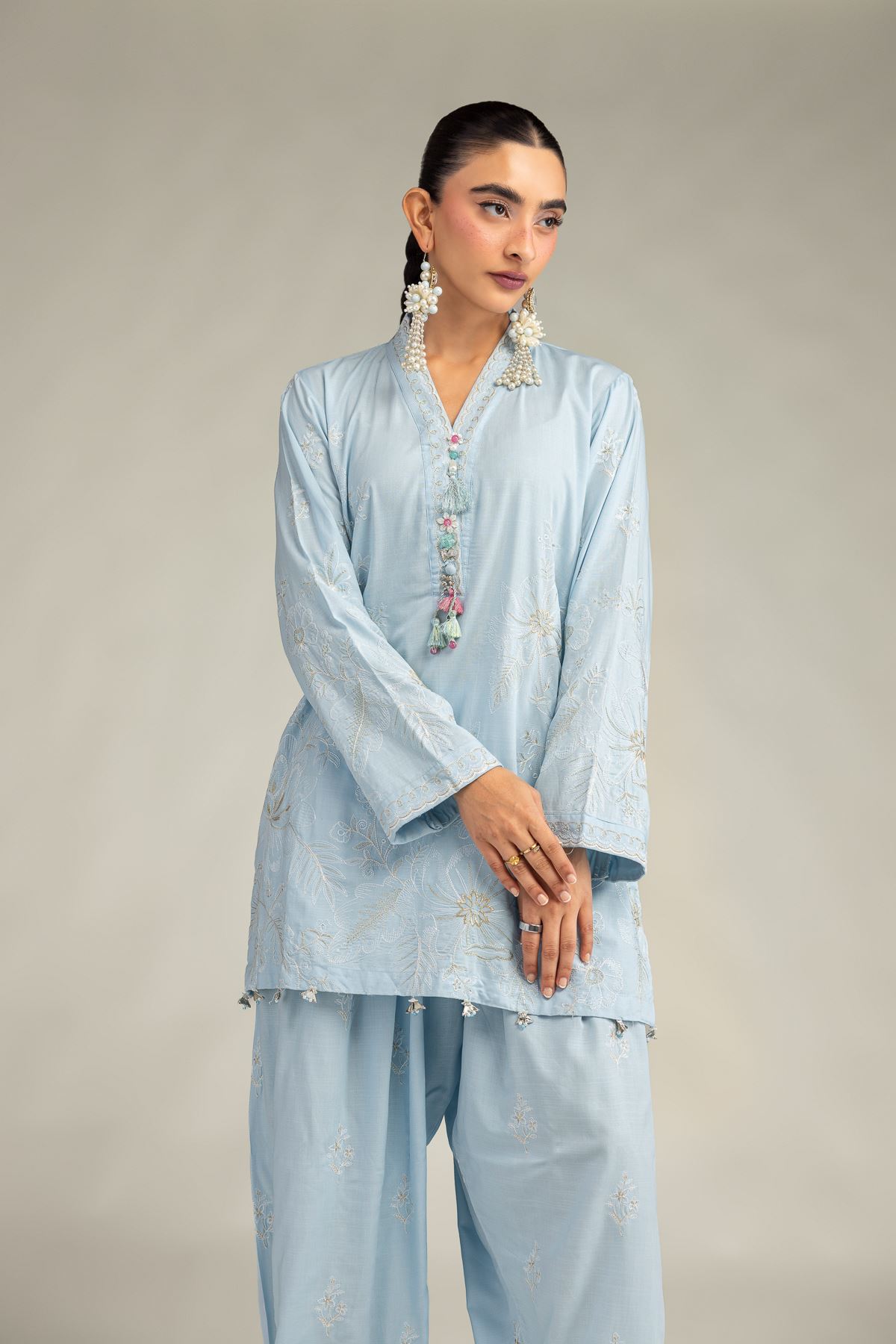 Embroidered Raw Silk Blue Floral Kurta - 1-26-322-B-A1-VG