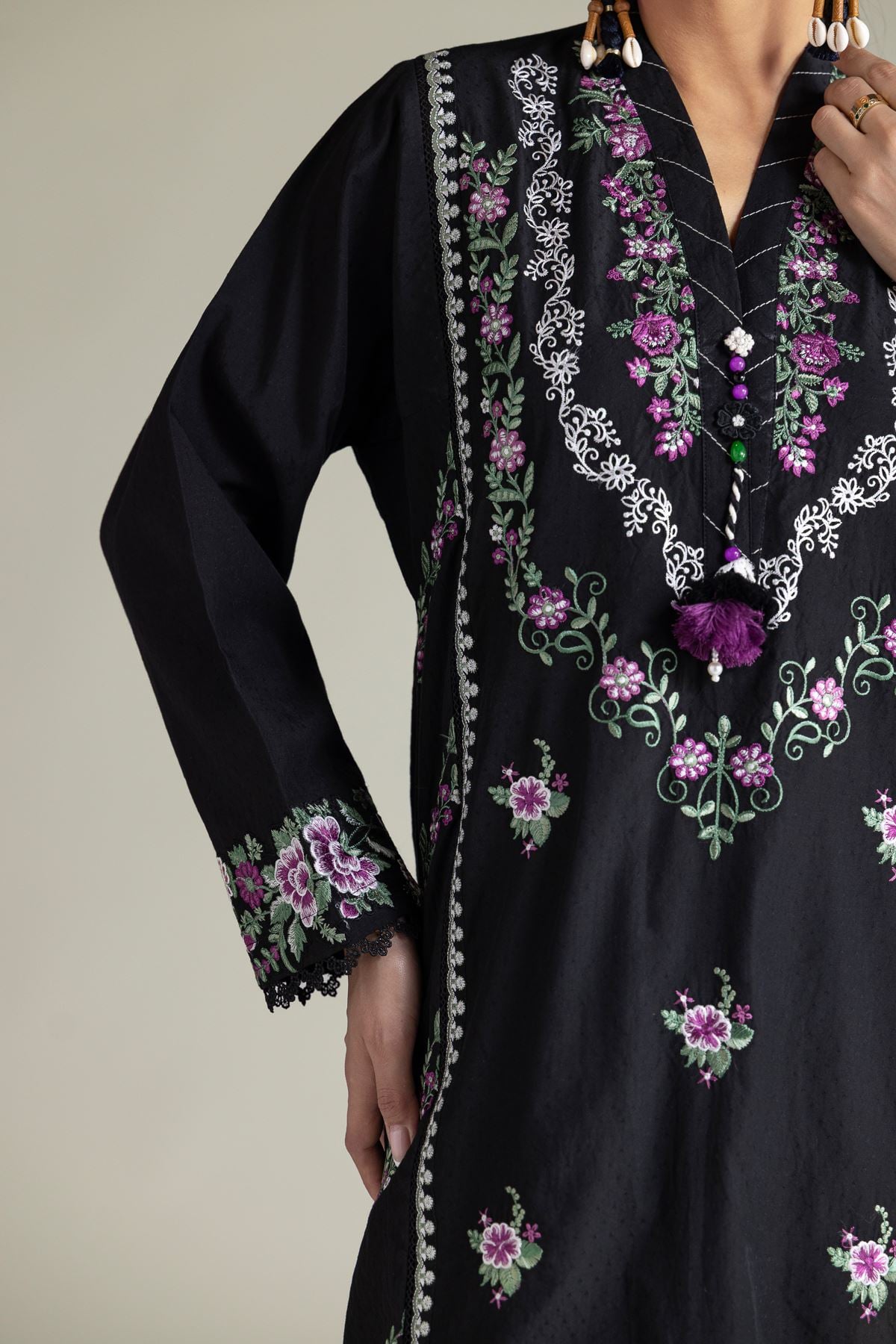 Embroidered Cotton Dobby Black Tailored 2-Piece - 1-26-102-A-F-VG
