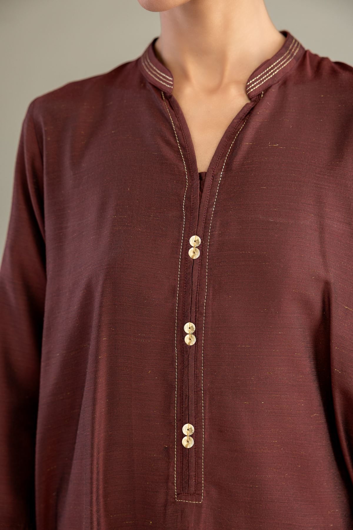 Dyed Mesuri Silk Brown V-Neck Kurta - 1-26-322-B-A1-VG