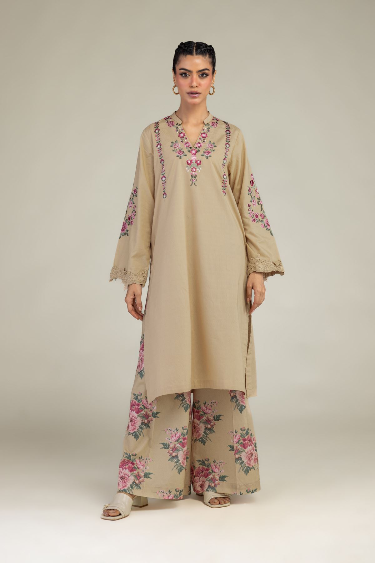 Printed Cotton Dobby Floral Beige Pants - 25-10-12E5-11TA-VG