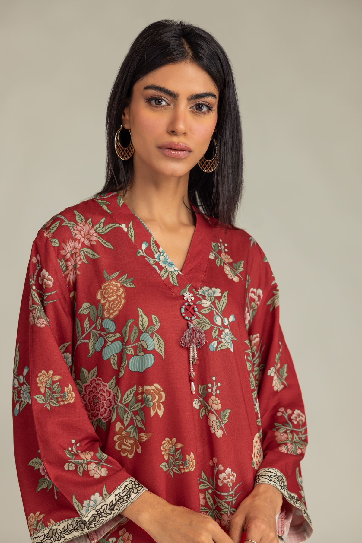 Printed Raw Silk Floral Red Kurta - 1-26-229-B-F1-VG