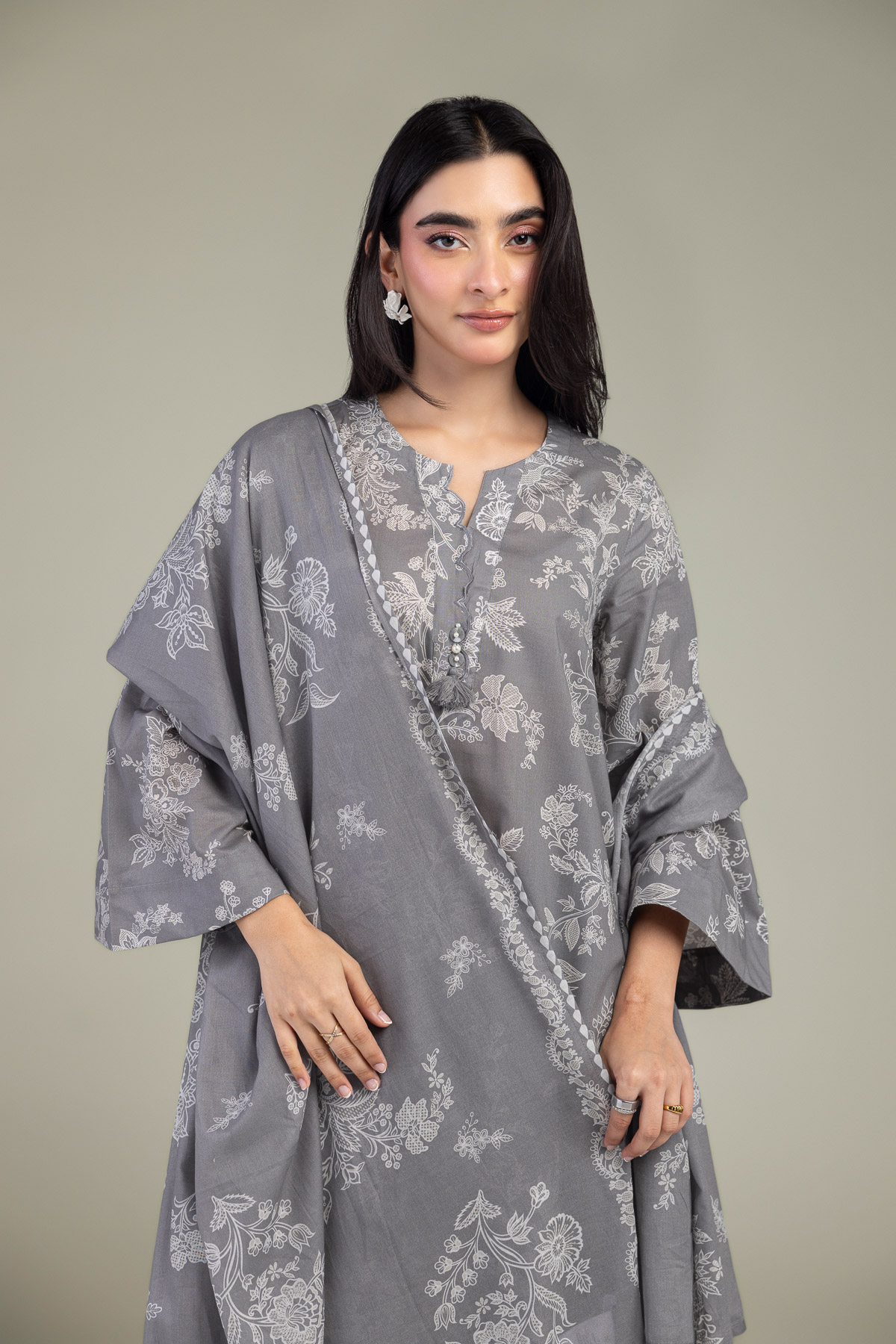 Embroidered Lawn Gray Lawn Dupatta - 1-26-102-A-F-VG