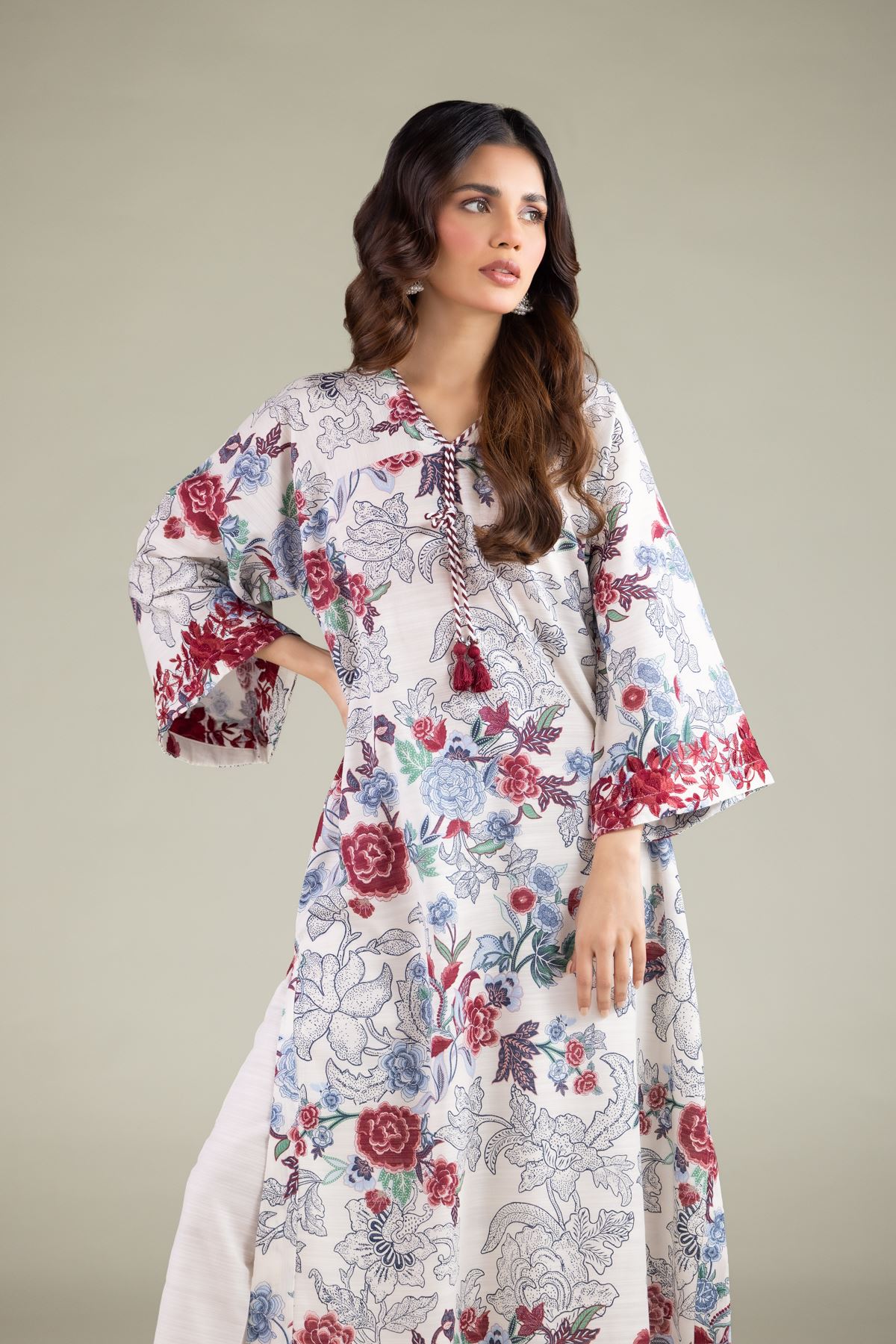 Embroidered Textured Cotton Floral Longline Kurta - 25-07-7E4-08TB-VG