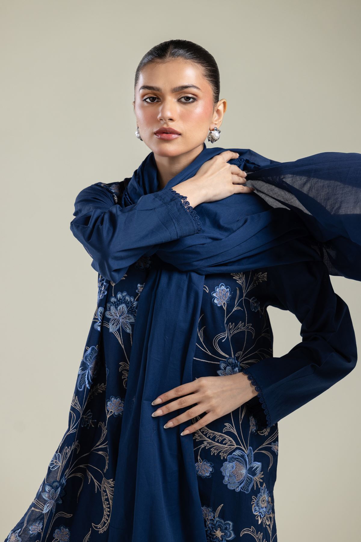 Embroidered Lawn Navy Lawn Dupatta - 1-26-139-A-F-VG