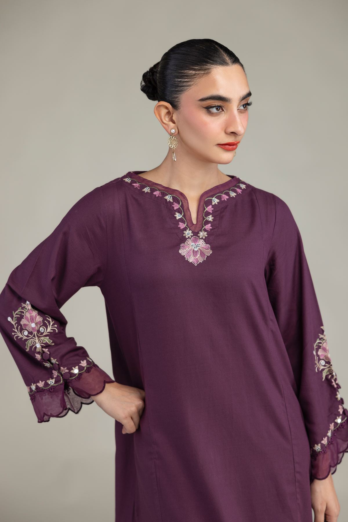 Embroidered Raw Silk Floral Threadwork Kurta - 12-26-106-F-D-VG