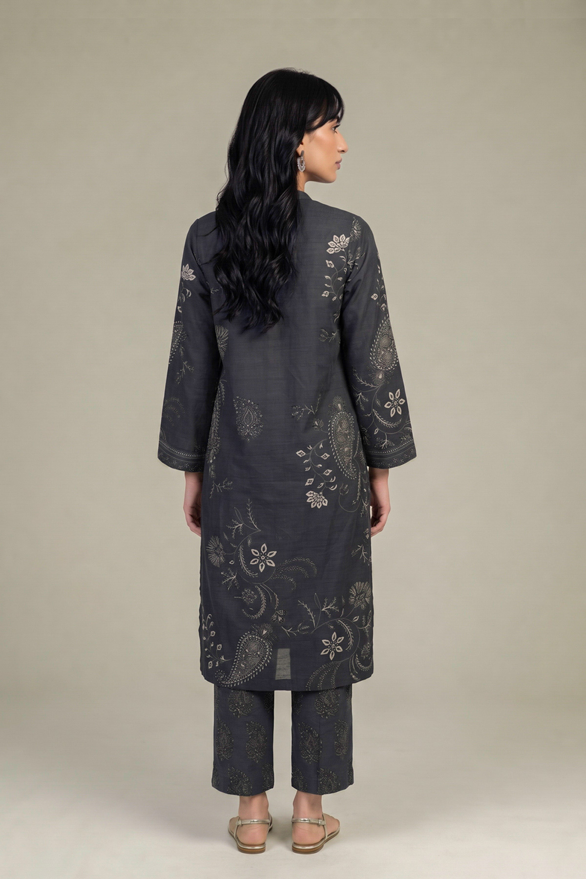 Printed Light Khaddar Black V-Neck Kurta - 2-26-403-A-E1-VG