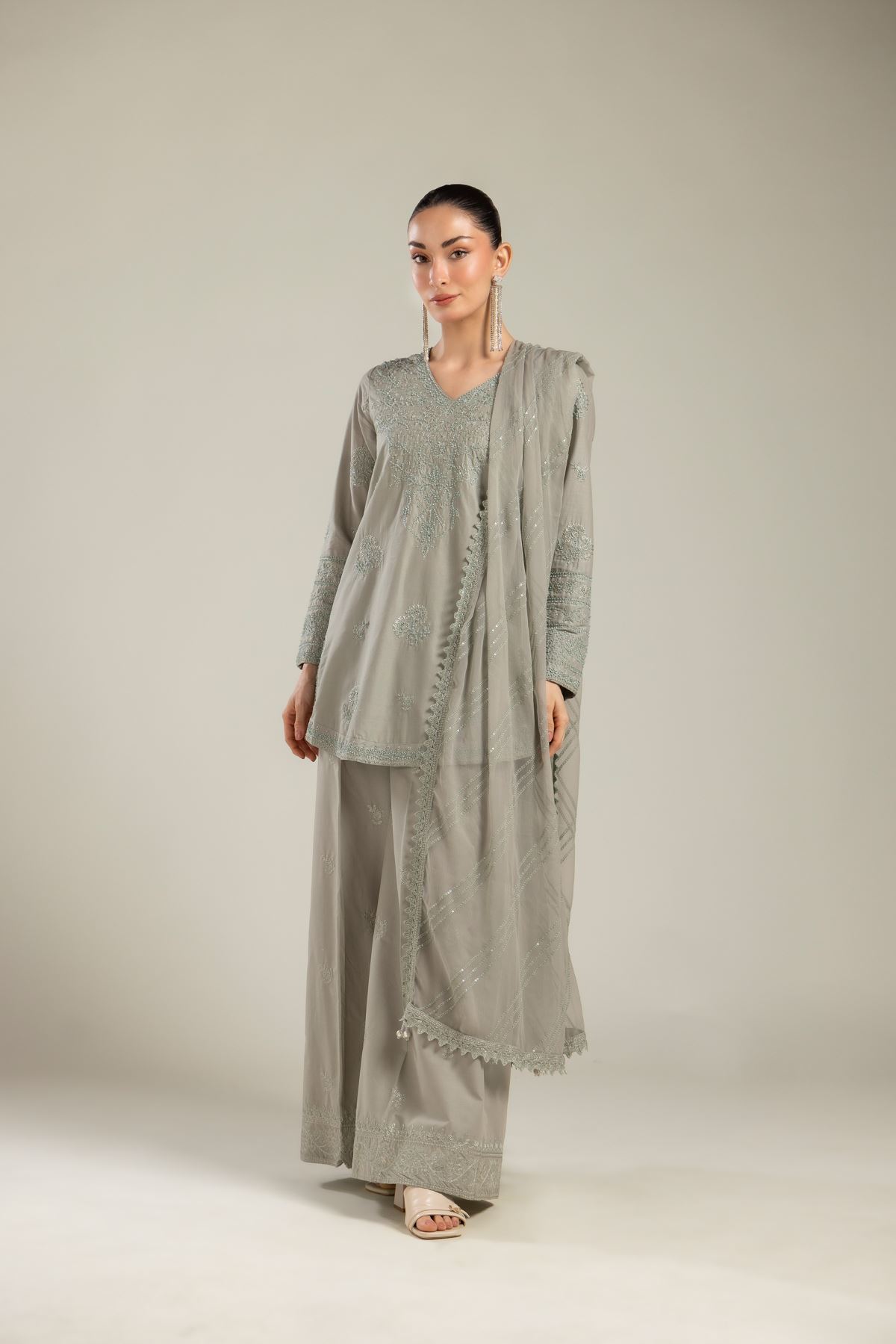 Embroidered Raw Silk 3 Piece Co-ord Set - T-A22-26-124FC1-VG