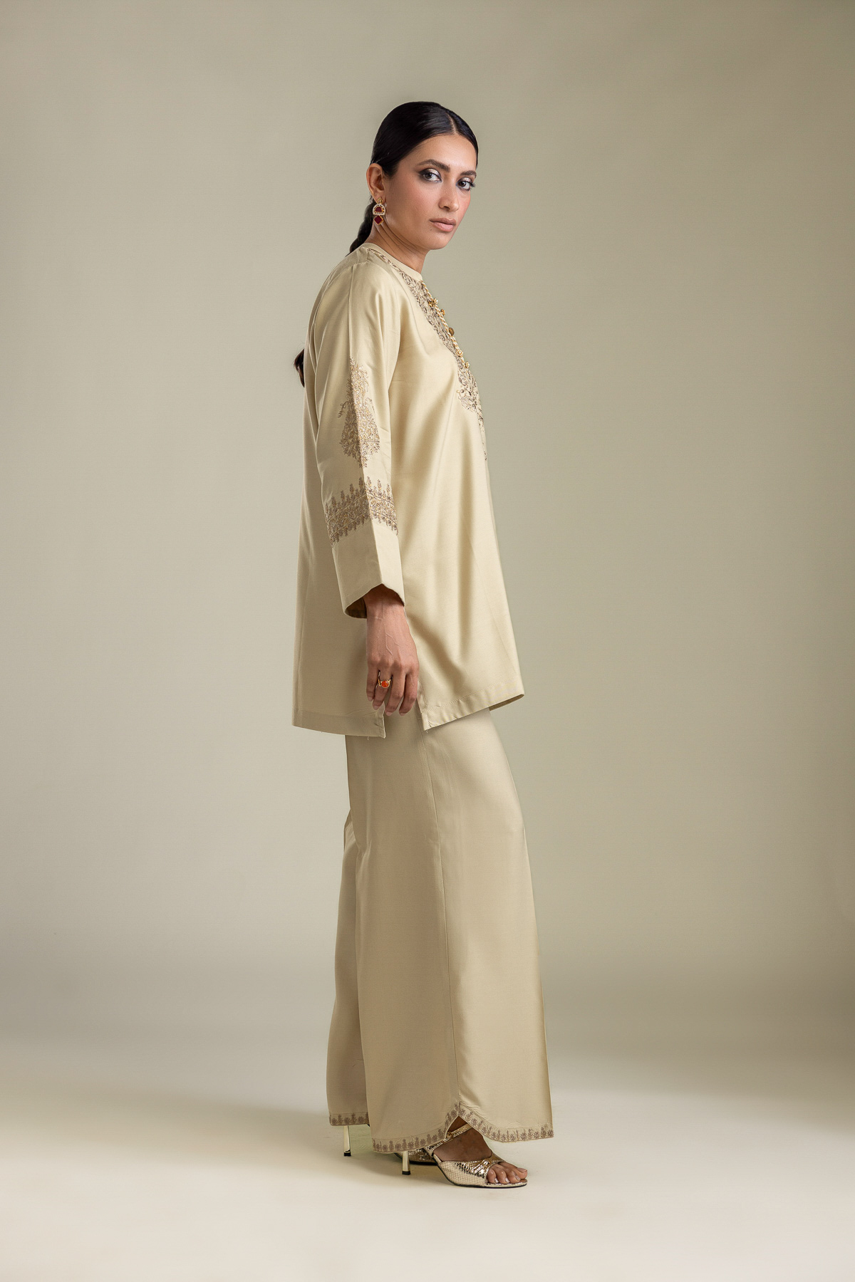 Embroidered Raw Silk Solid Beige Pants - 2-26-403-A-B1-VG