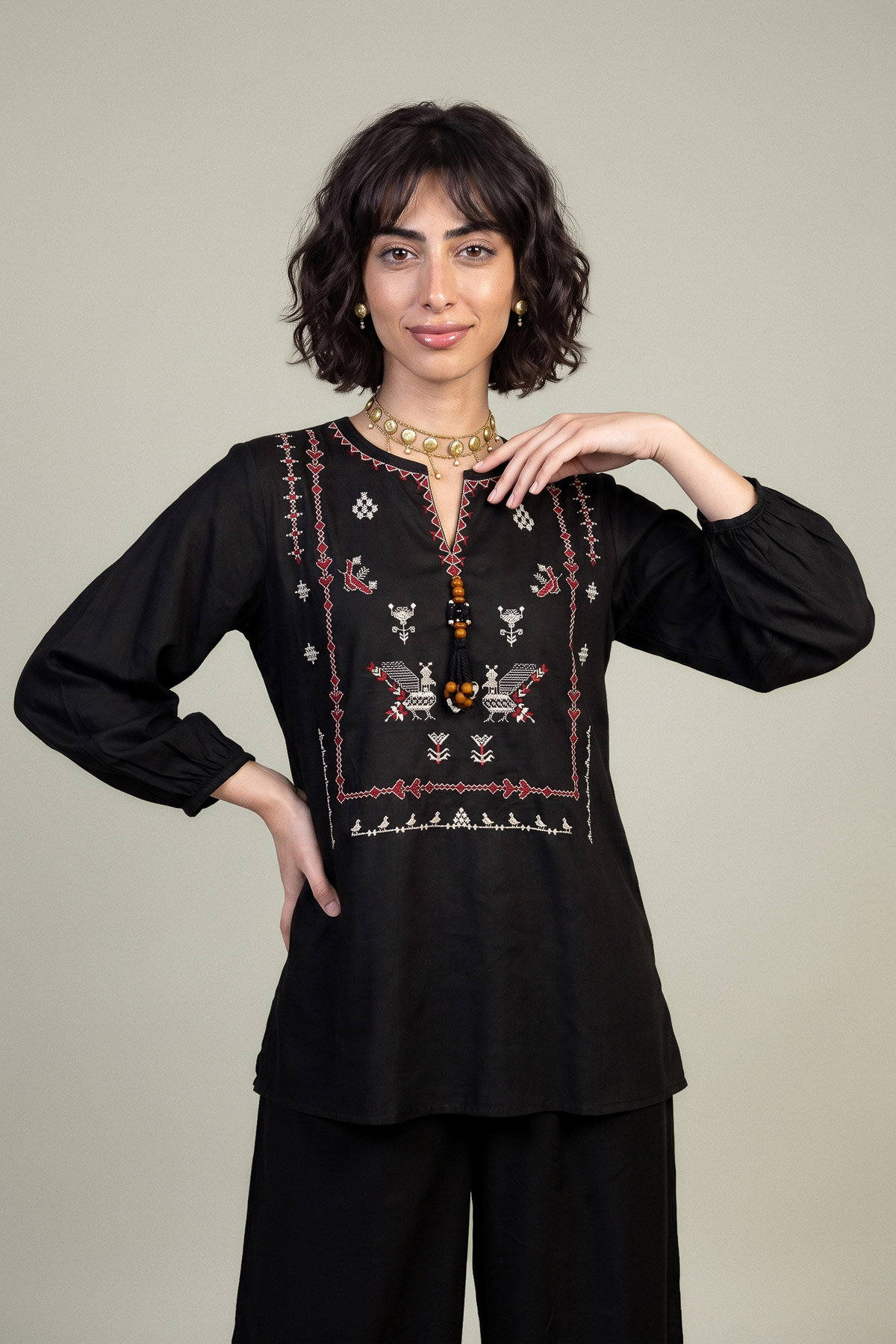 Embroidered Viscose Crepe Black V-Neck Blouse - 1-26-309-B-D1-VG