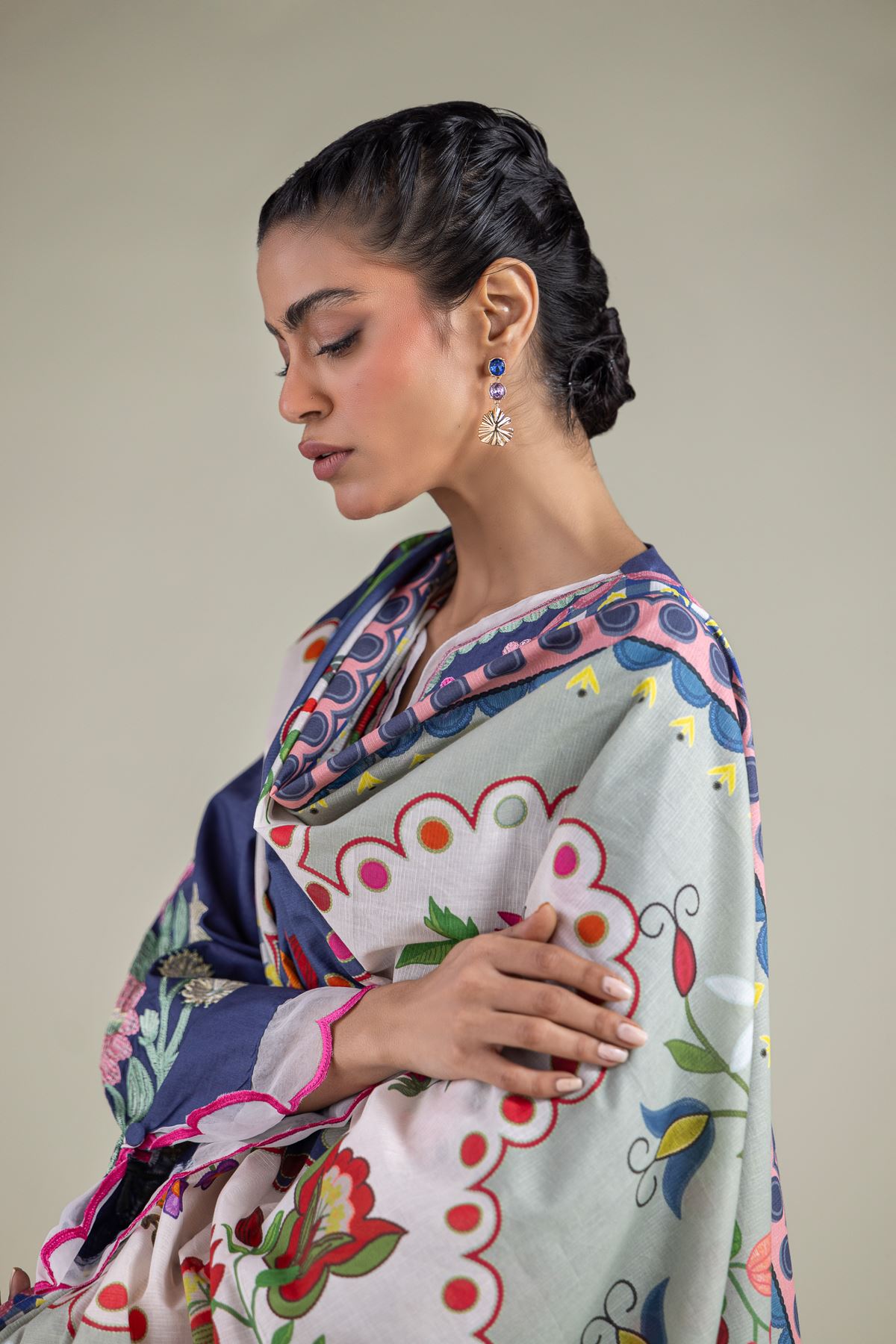 Embroidered Textured Cotton Geometric Dupatta - 1-26-102-A-F-VG