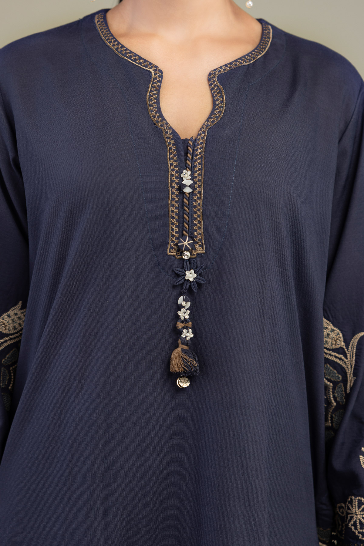Embroidered Raw Silk Floral Navy Kurta - 1-26-309-B-D1-VG