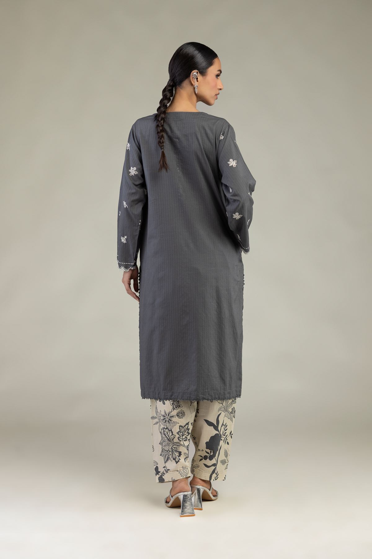 Embroidered Cotton Dobby Gray Longline Kurta - 1-26-226-A-I1-VG