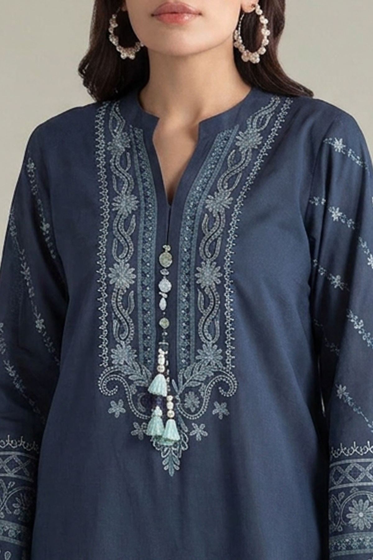 Embroidered Textured Cotton Tailored 2 Piece | Top and Bottom - T-A22-26-207EA2-VG
