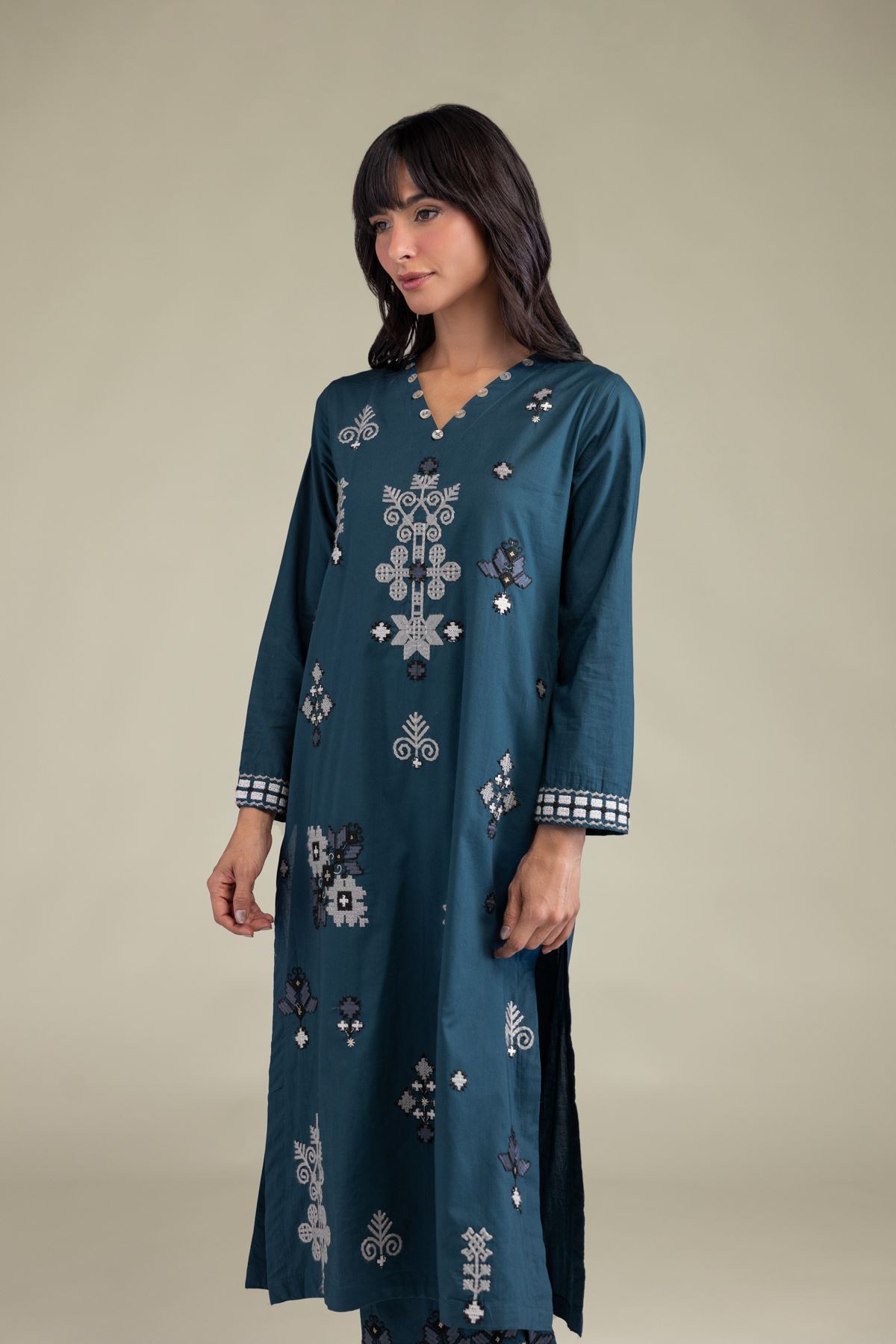 Embroidered Cambric Teal Longline Kurta - 2-26-212-A-H1-VG