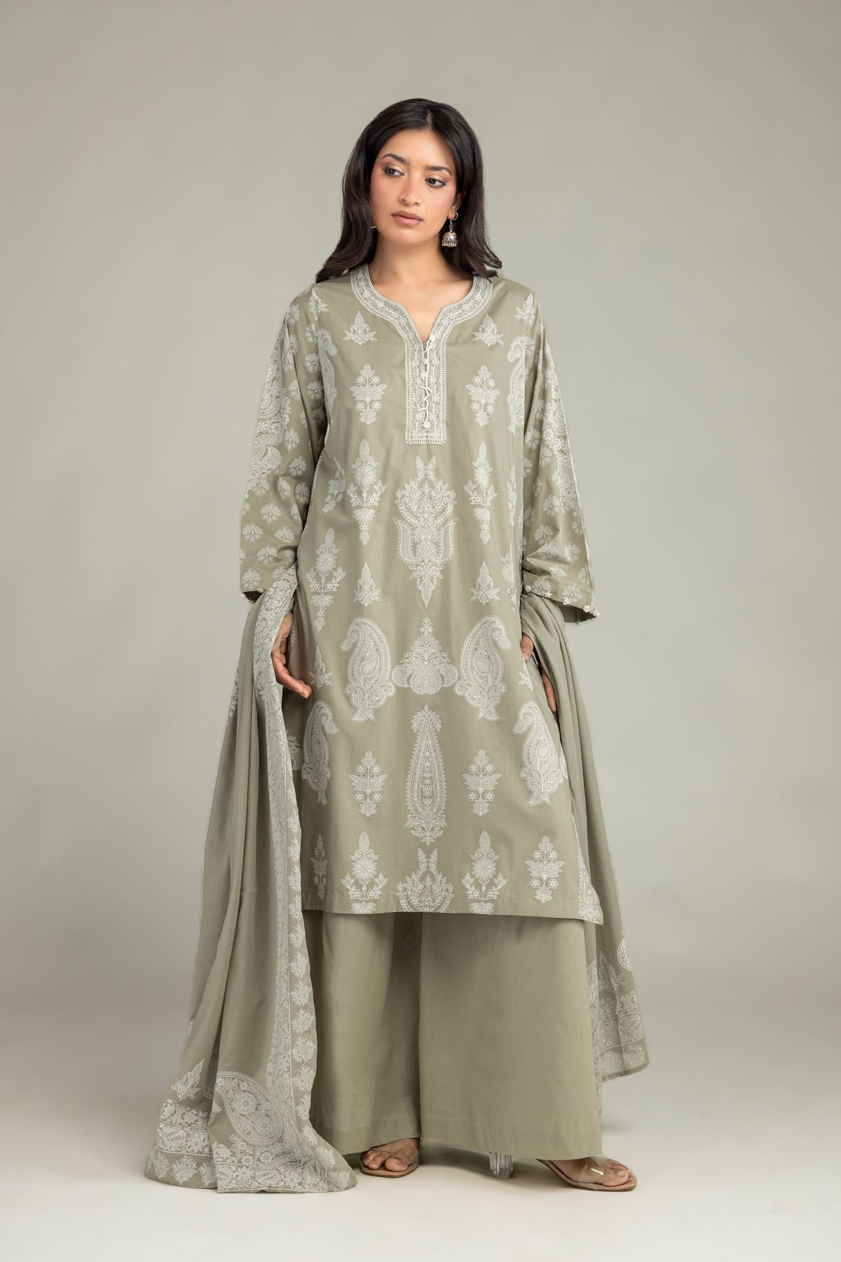 Printed Lawn Olive Lawn Dupatta - 1-26-102-A-F-VG
