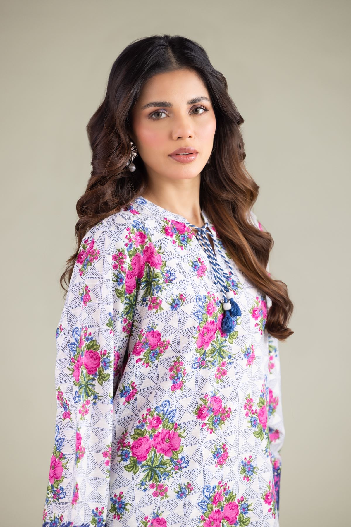 Embroidered Textured Cotton Geometric Tassel Kurta - 1-26-238-A-C1-VG
