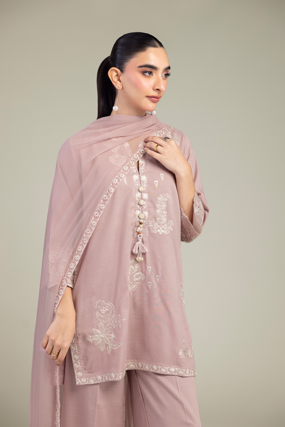 Embroidered Chiffon Pink Floral Dupatta - 1-26-309-B-D1-VG