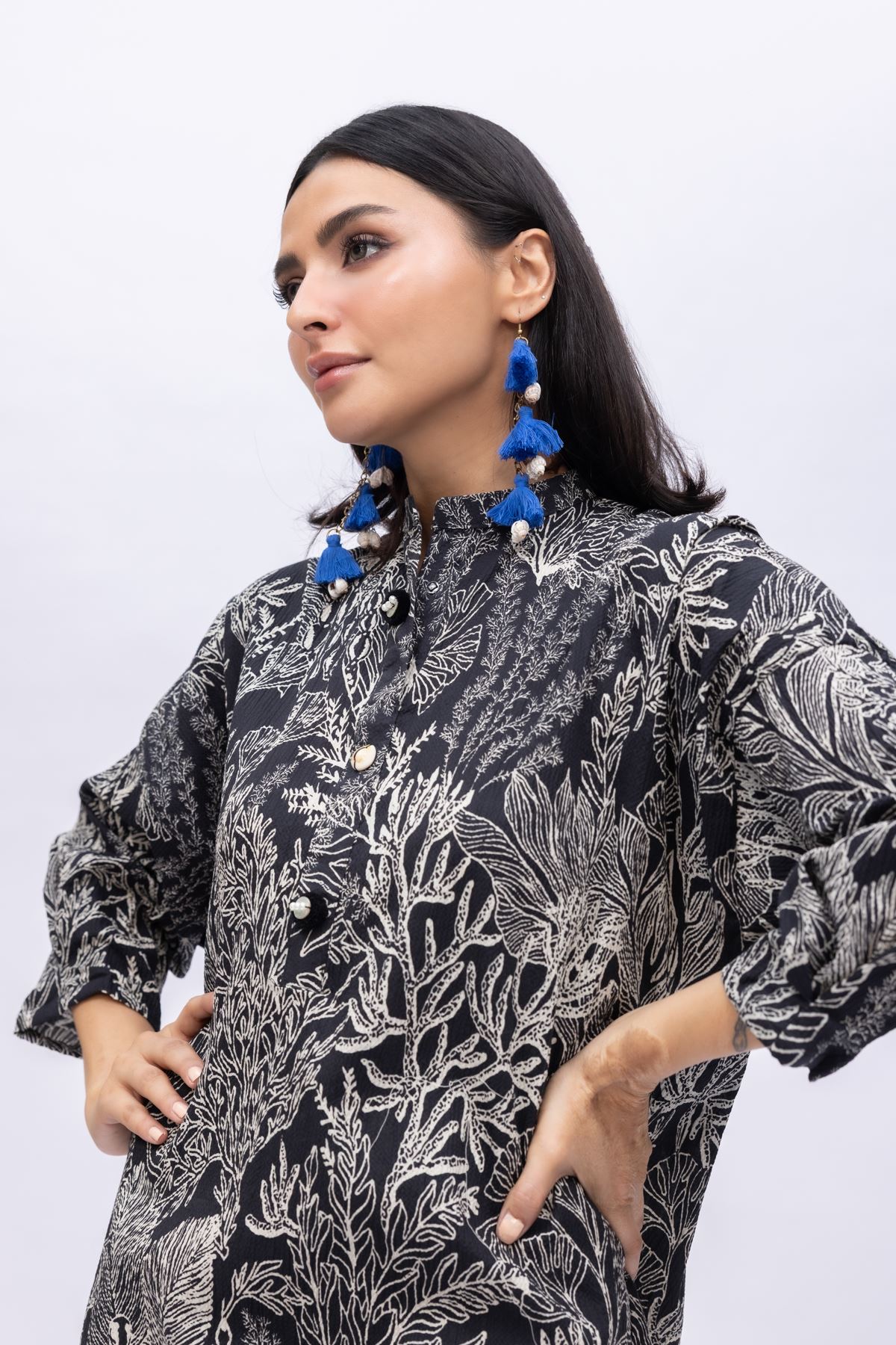 Printed Ripple Crinkle Long High-Neck Kurta - 25-08-8E4-01TA-VG