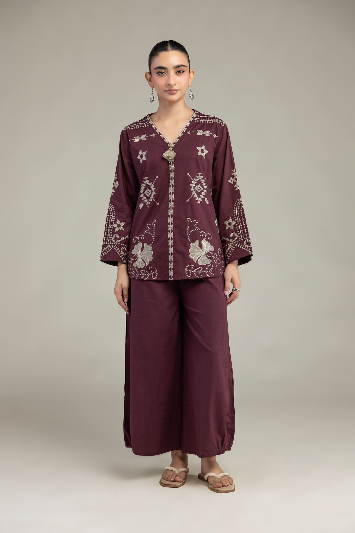 Embroidered Textured Cotton Textured Cotton Trousers - 6-26-204-A-B1-VG