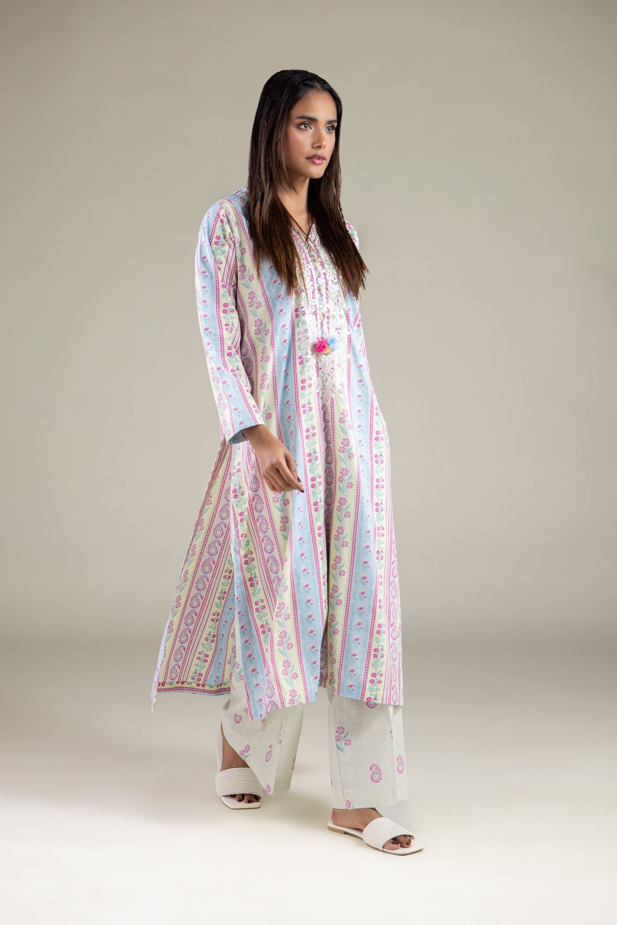 Embroidered Textured Cotton Pants - 1-26-115-A-B-VG