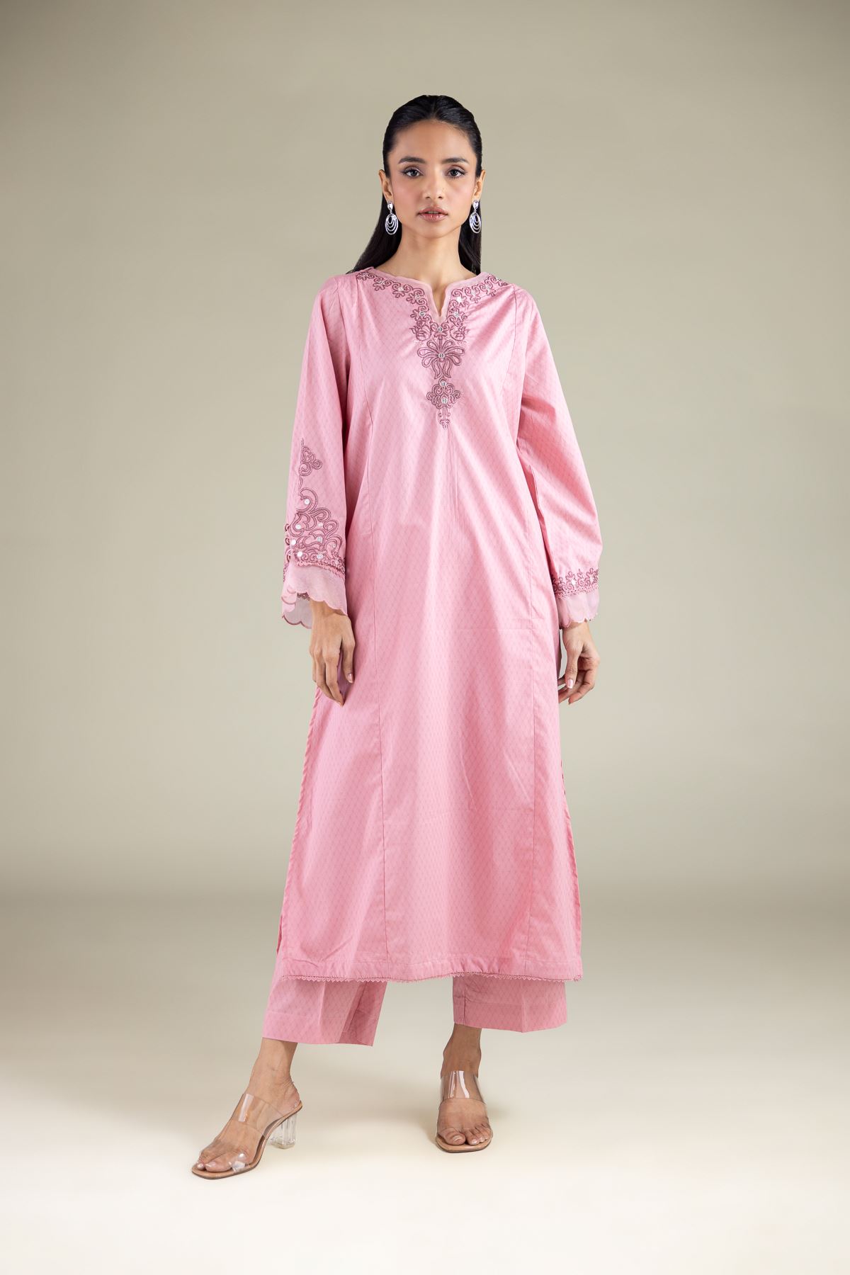 Embroidered Cotton Dobby Round V-Neck Kurta - 2-26-104-A-E-VG