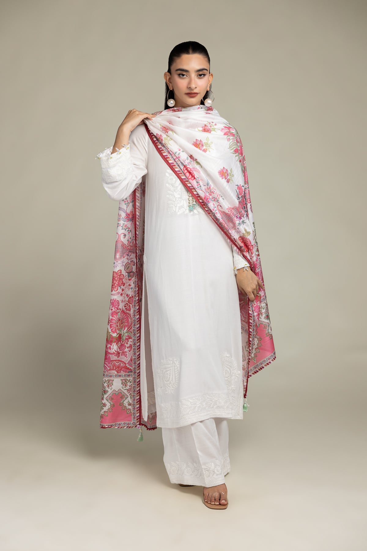 Embroidered Raw Silk White Silk Pants - 2-26-302-B-H1-VG