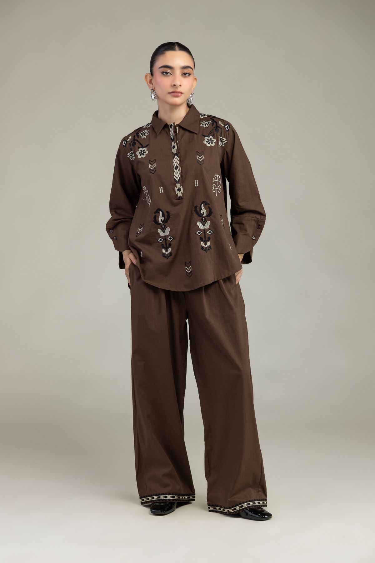Embroidered Textured Cotton Brown Cotton Trousers - 6-26-204-A-B1-VG