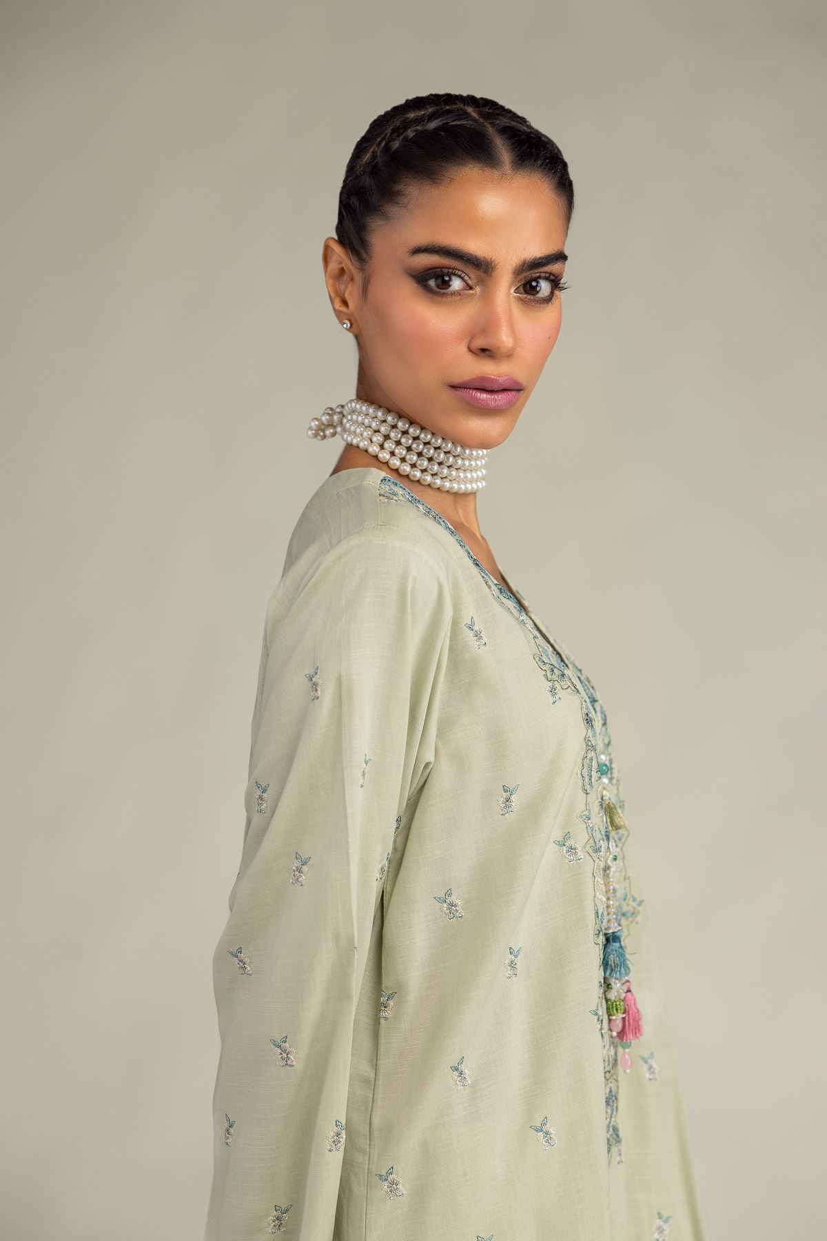 Embroidered Raw Silk Floral Mint Kurta - 2-26-306-A-D1-VG