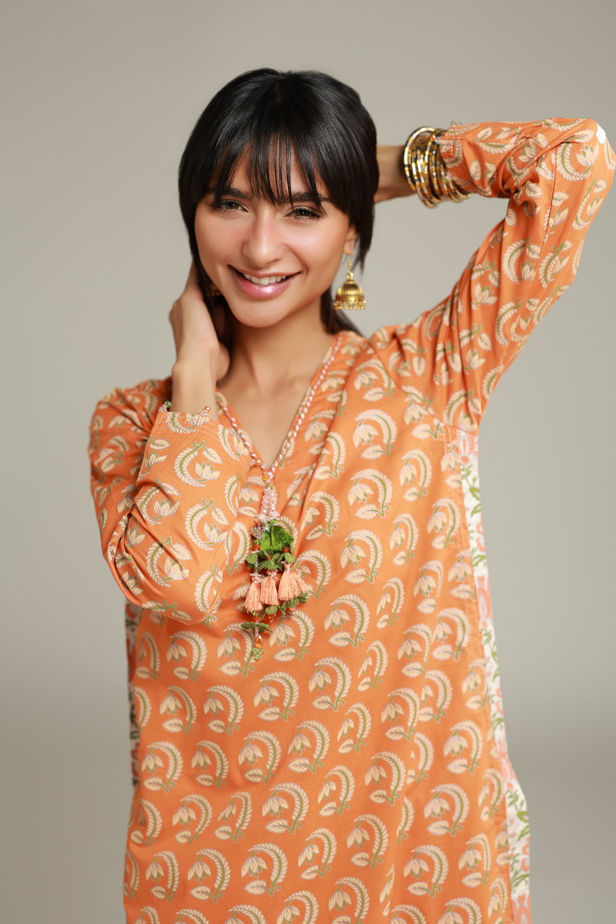 Printed Cambric Floral Tassel Kurta - T-A33-26-103FF2-VG