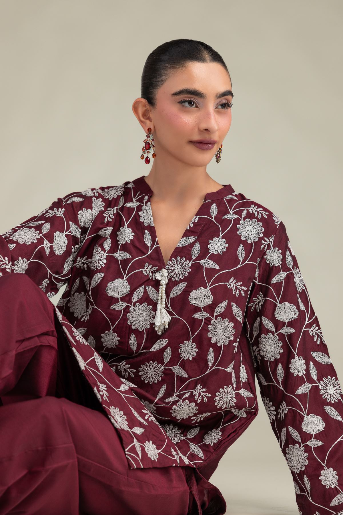 Printed Raw Silk Floral Maroon Kurta - 1-26-244-A-D1-VG