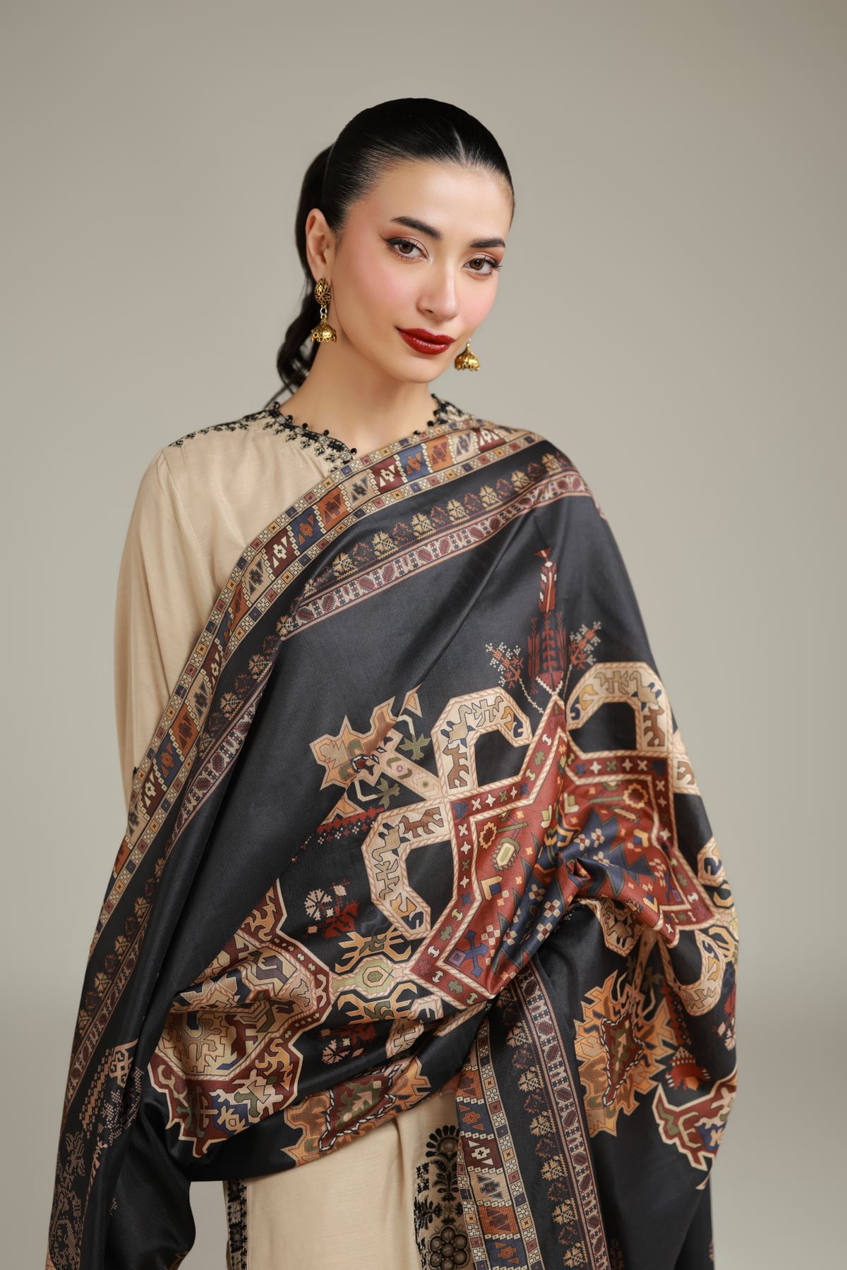 Embroidered Polyester Silk Black Printed Dupatta - 2-26-106-A-E-VG