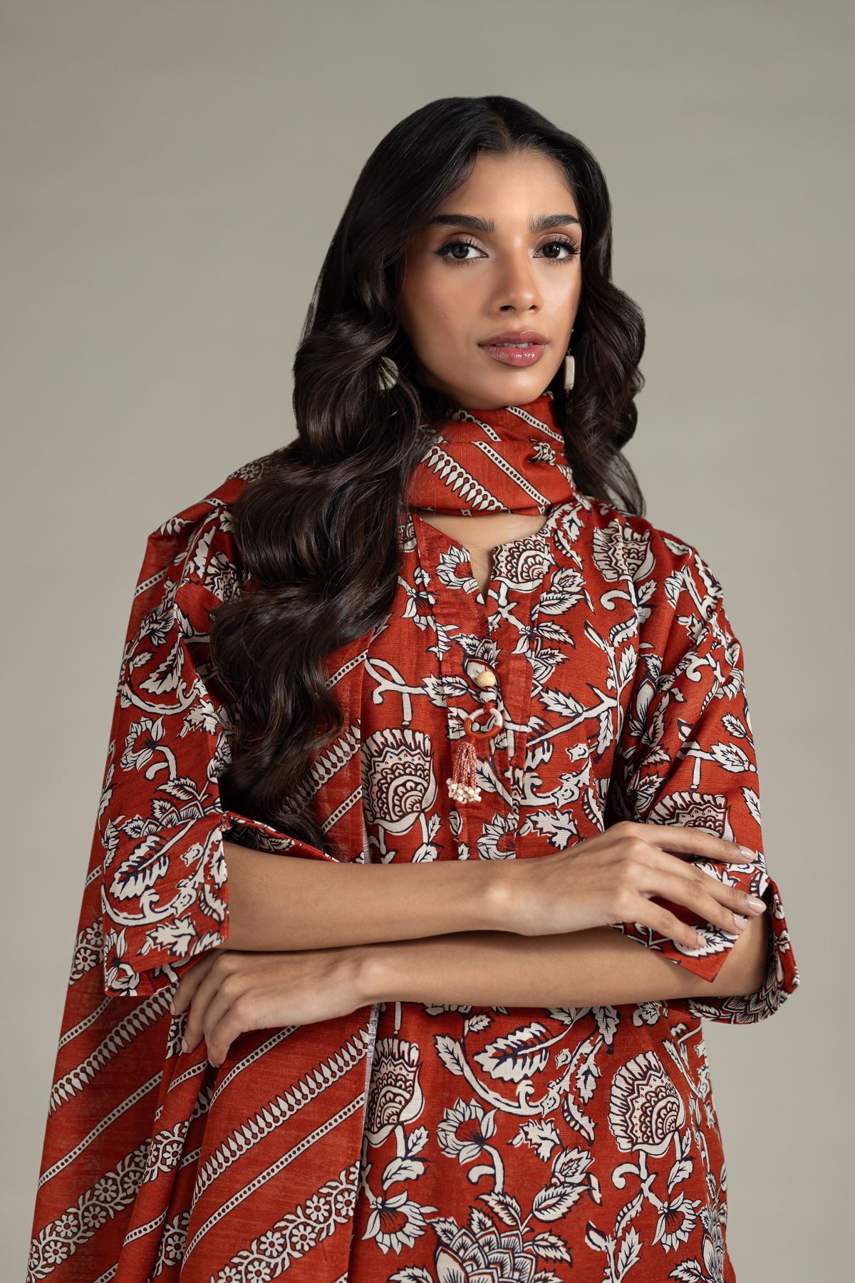 Printed Textured Cotton Dupatta - 25-04EX10-07TA-VG