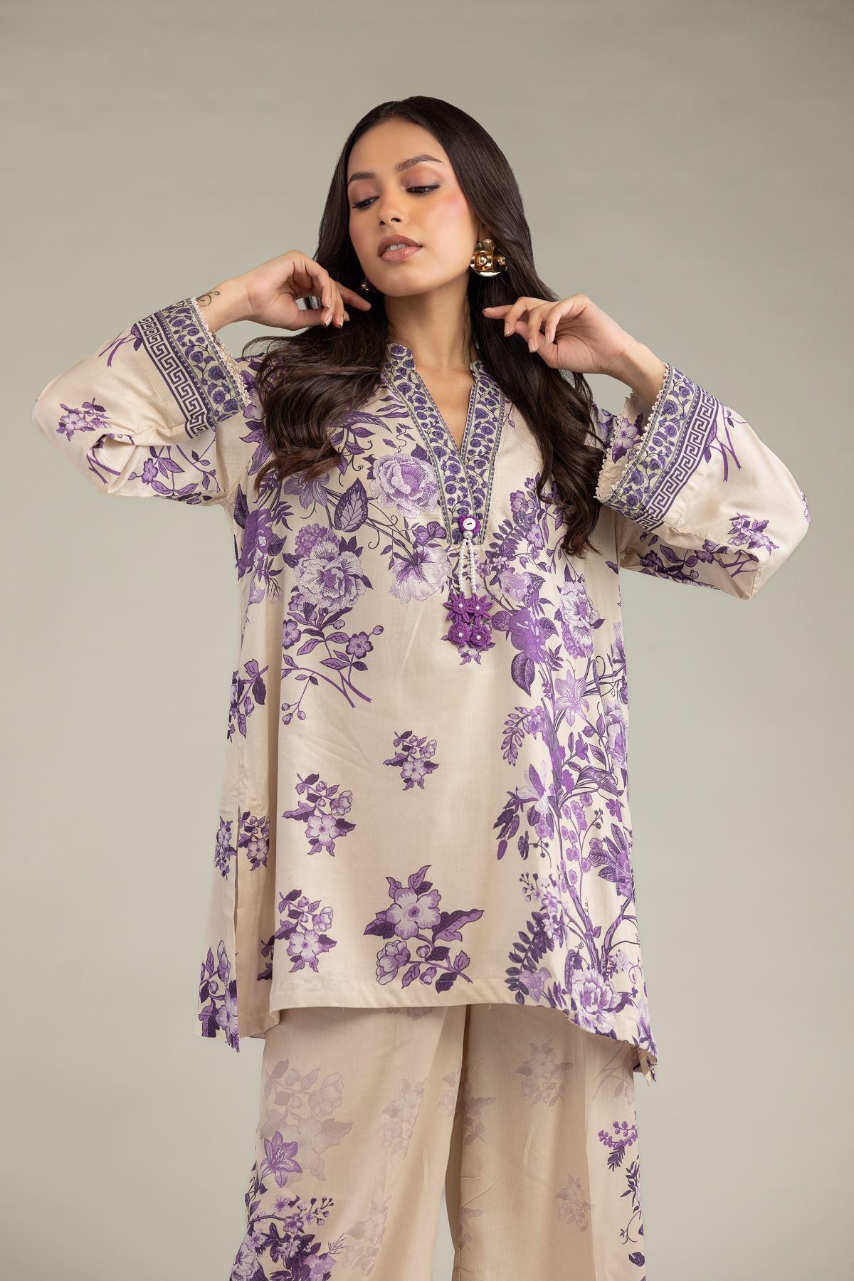 Printed Viscose Floral V-Neck Kurta - 14-26-304-A-D1-VG