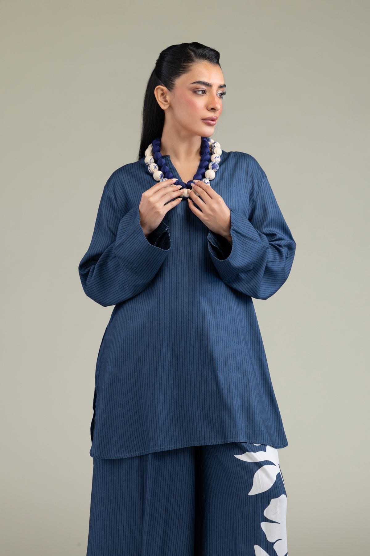Printed Viscose Crepe V-Neck Navy Shirt - 6-26-206-A-I2-VG