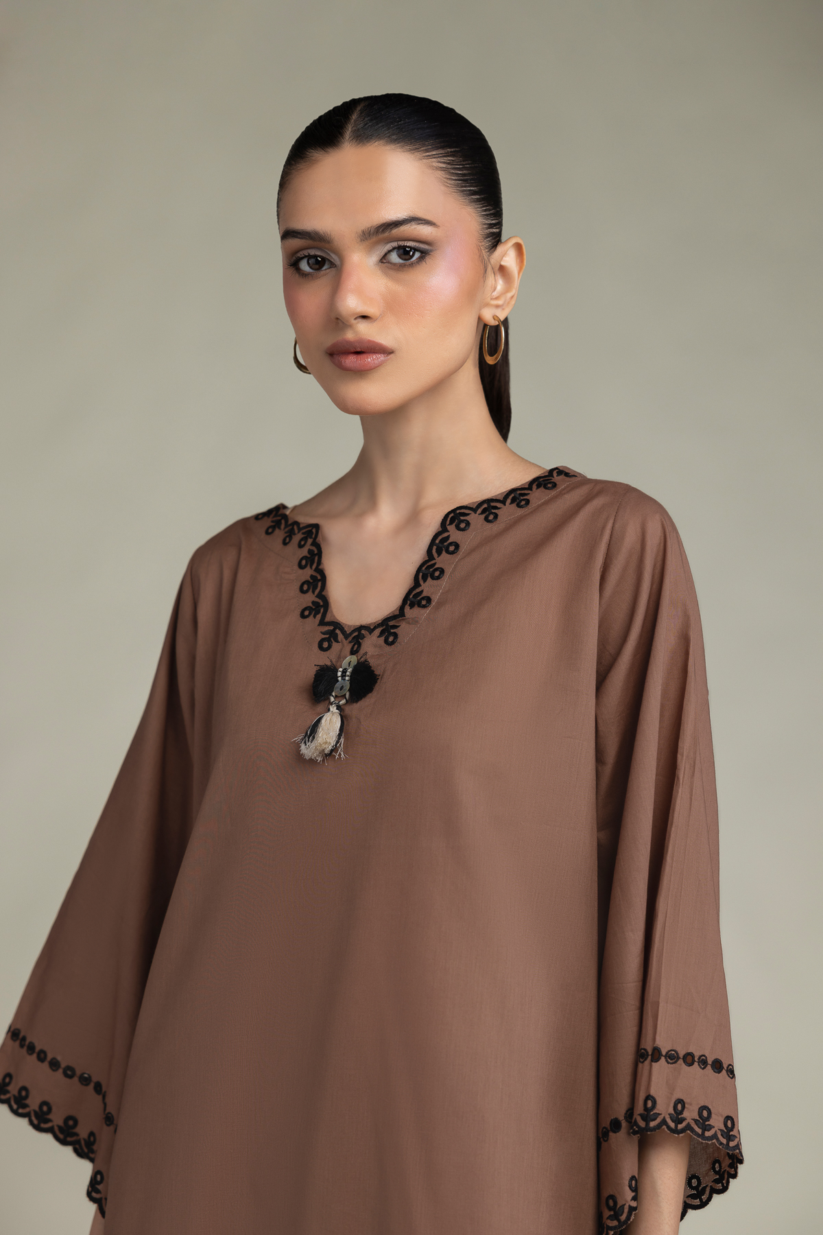Embroidered Cambric Short Brown Kurta - 1-26-303-B-G1-VG