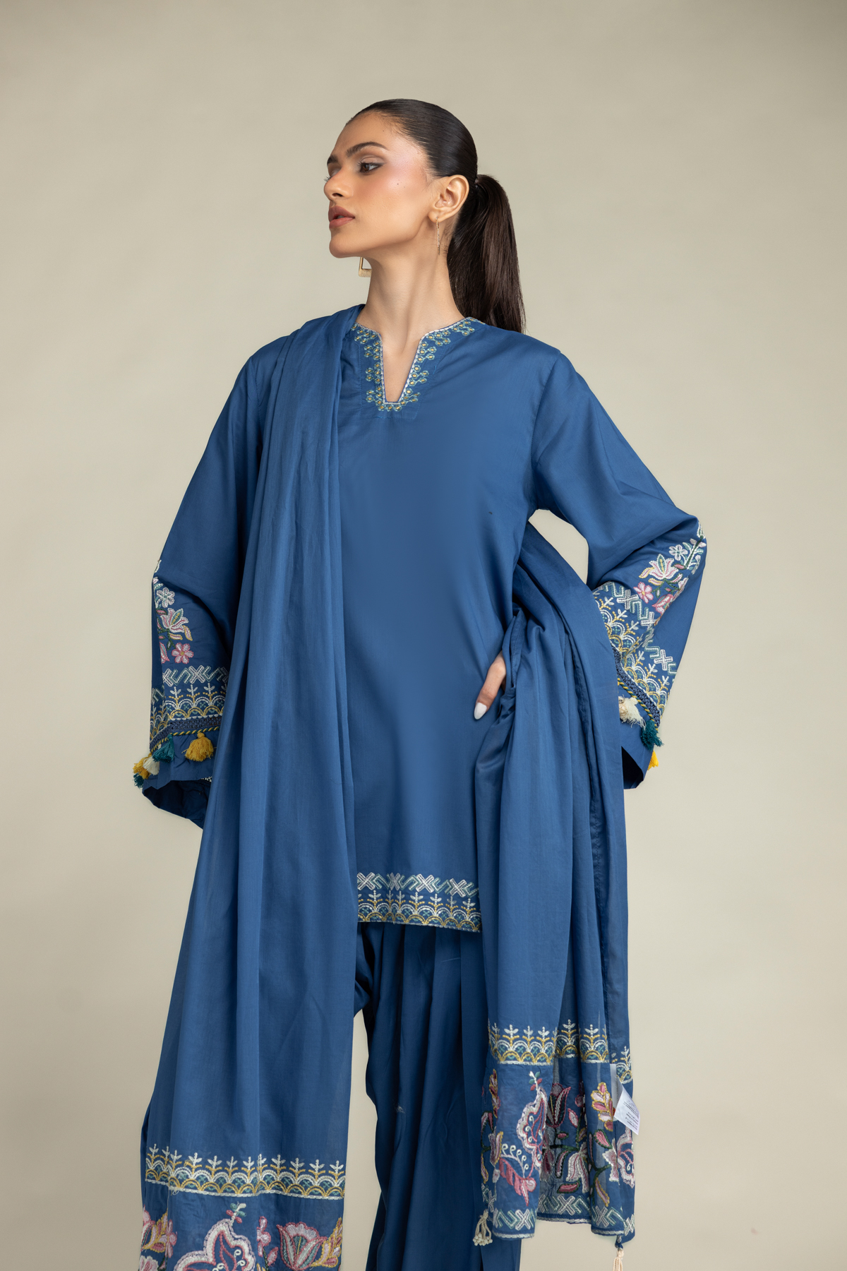 Embroidered Lawn Floral Blue Dupatta - 2-26-308-A-B1-VG
