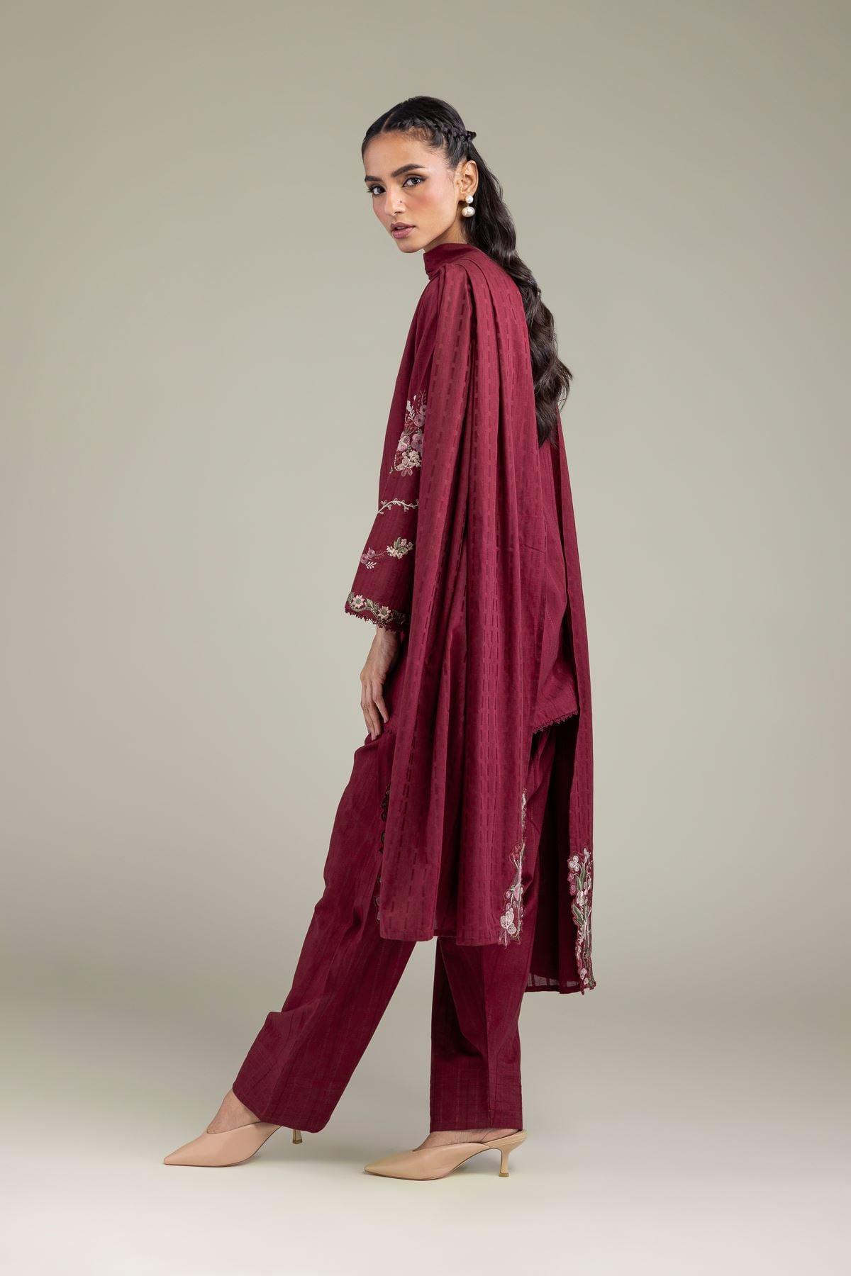 Embroidered Textured Cotton Solid Maroon Shalwar - 1-26-131-A-B-VG