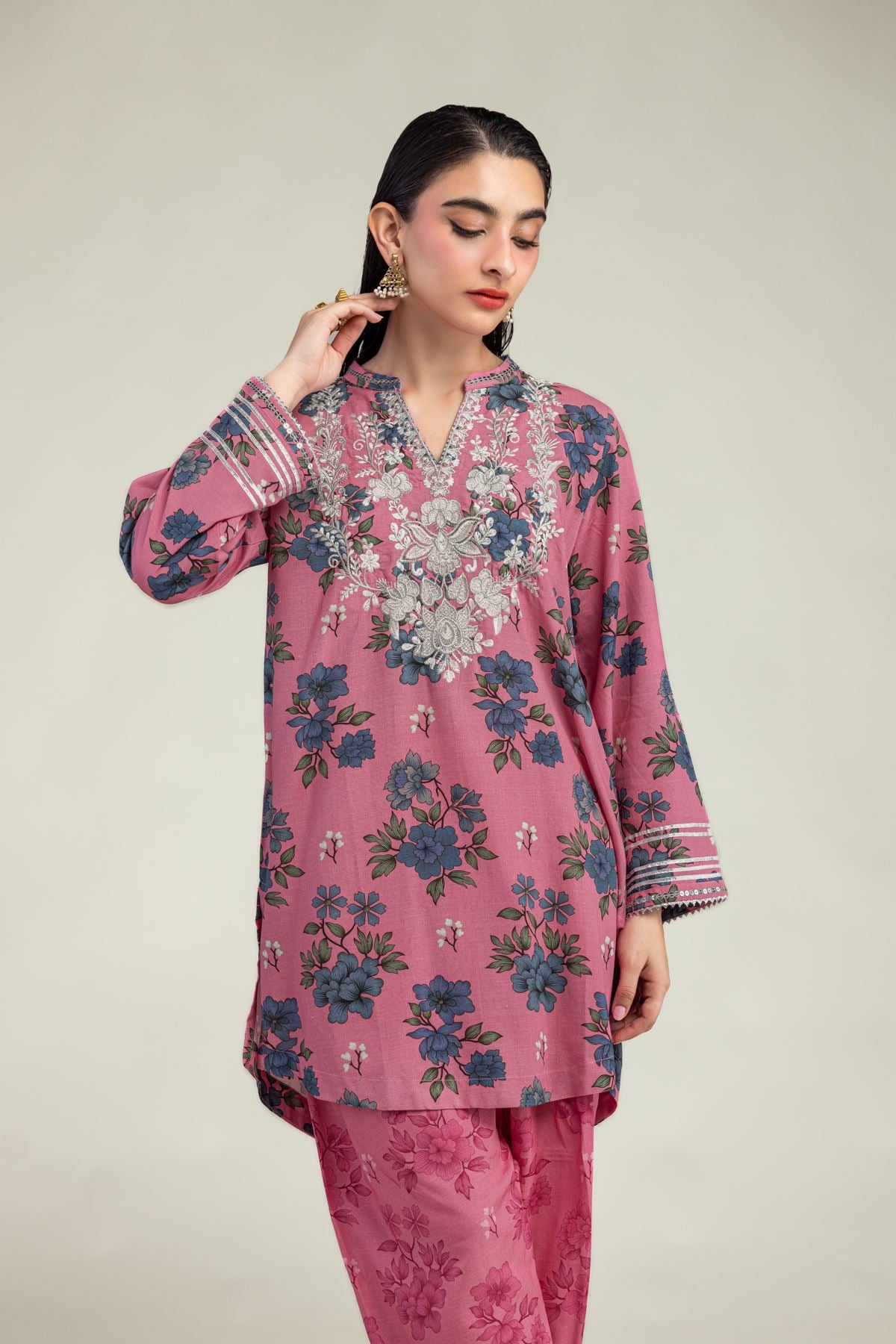 Embroidered Raw Silk Floral V-Neck Kurta - 1-26-325-B-G2-VG