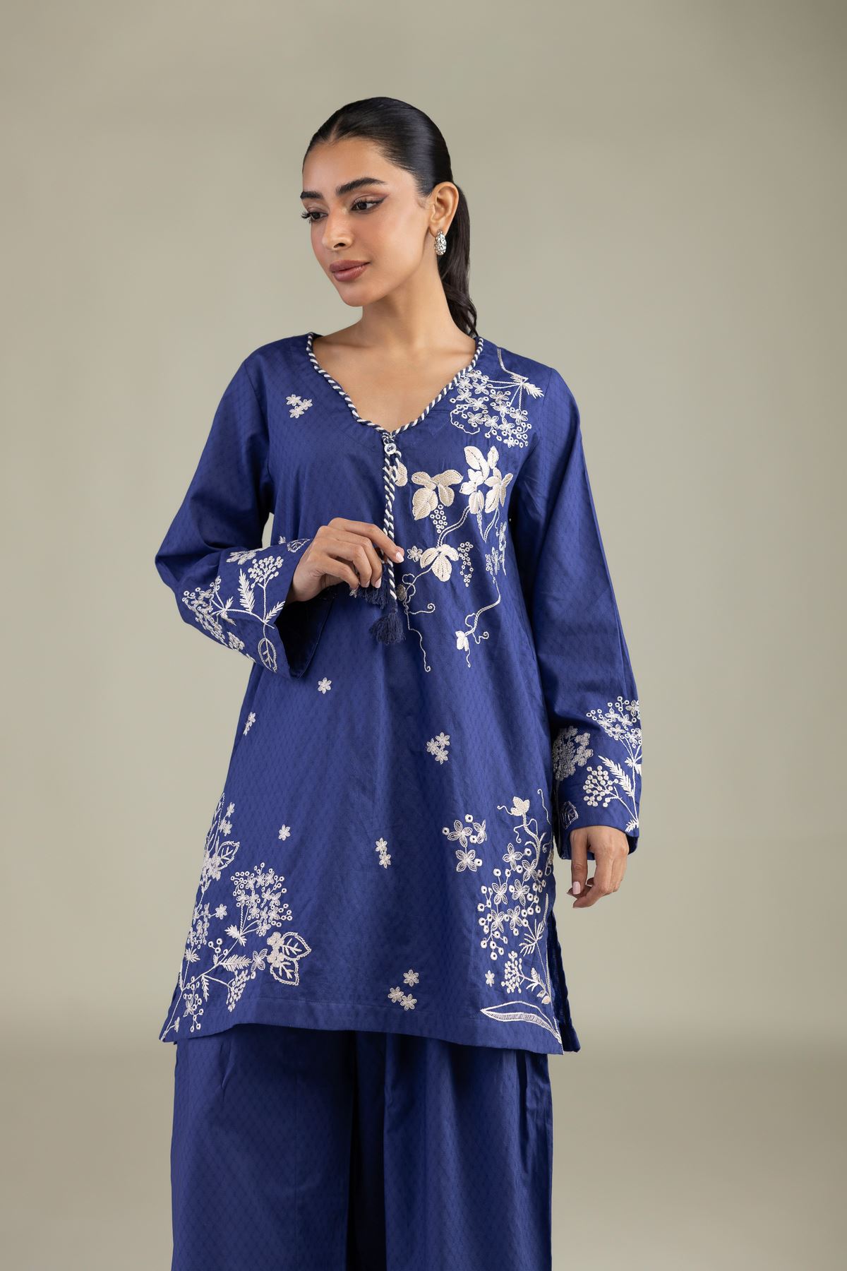 Embroidered Cotton Dobby Cotton Navy Kurta - 1-26-229-B-F1-VG