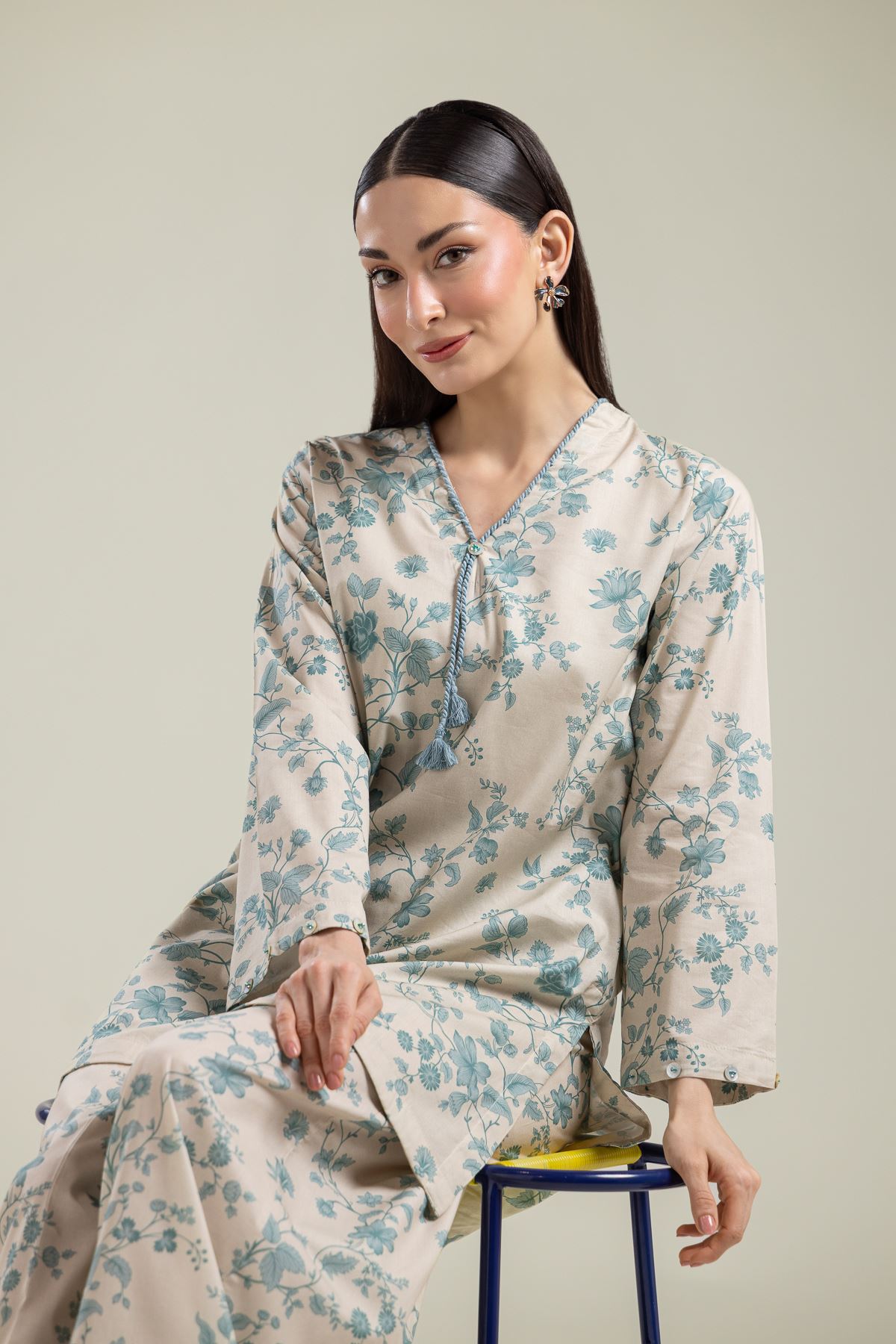 Printed Cotton Viscose Floral V-Neck Kurta - 1-26-204-A-F1-VG