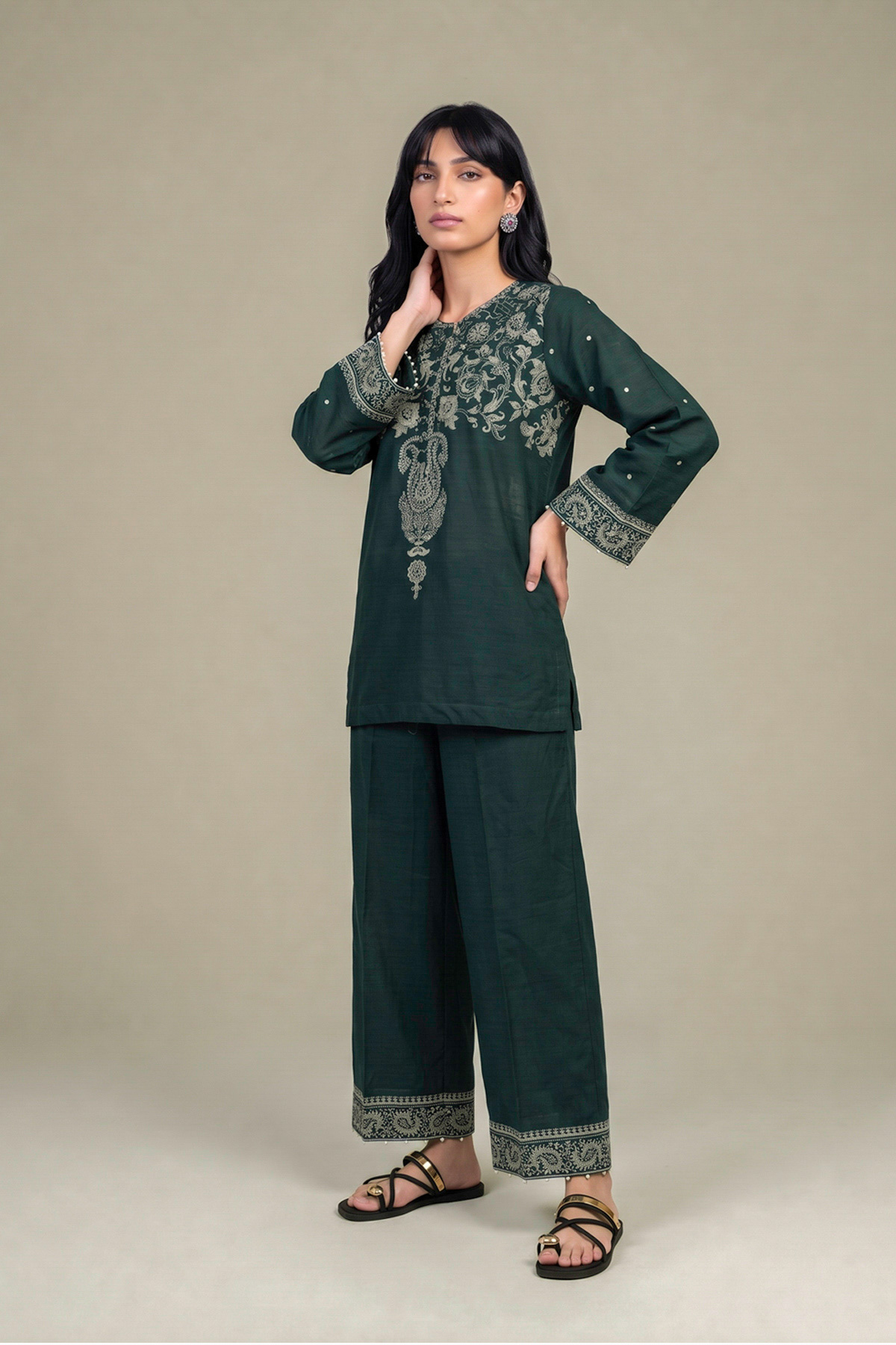 Printed Light Khaddar Dark Green Pants - 1-26-452-A-D1-VG