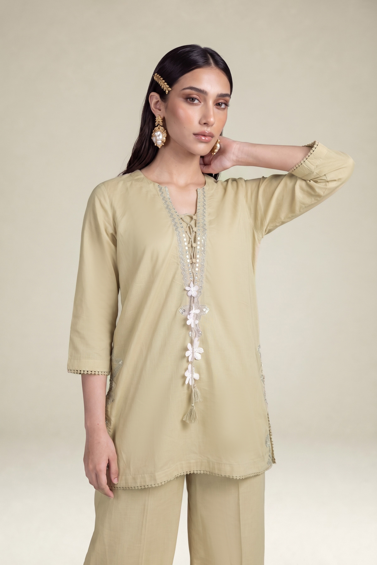 Embroidered Cambric Beige Cambric Kurta - 1-26-102-A-F-VG