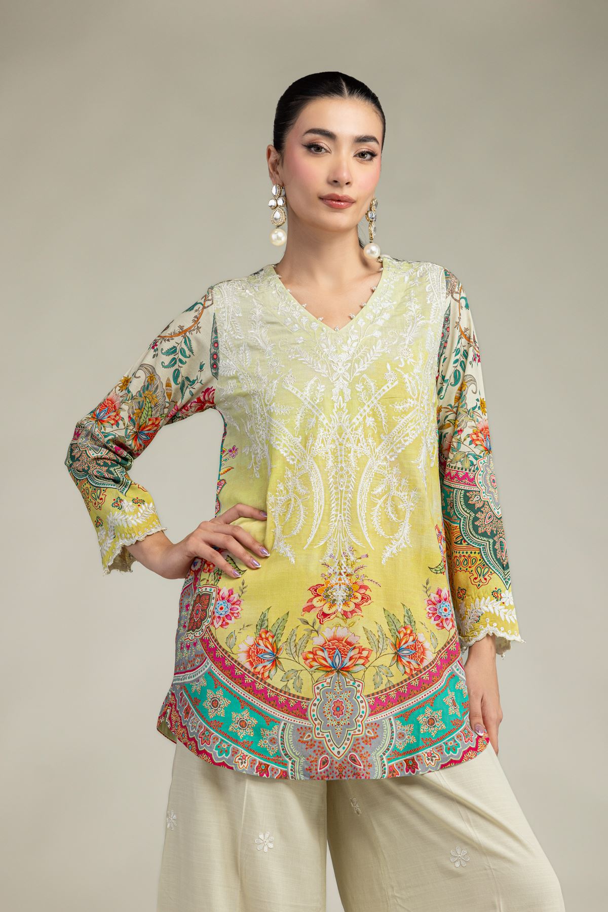Embroidered Raw Silk Short Floral Kurta - 2-26-212-A-A1-VG