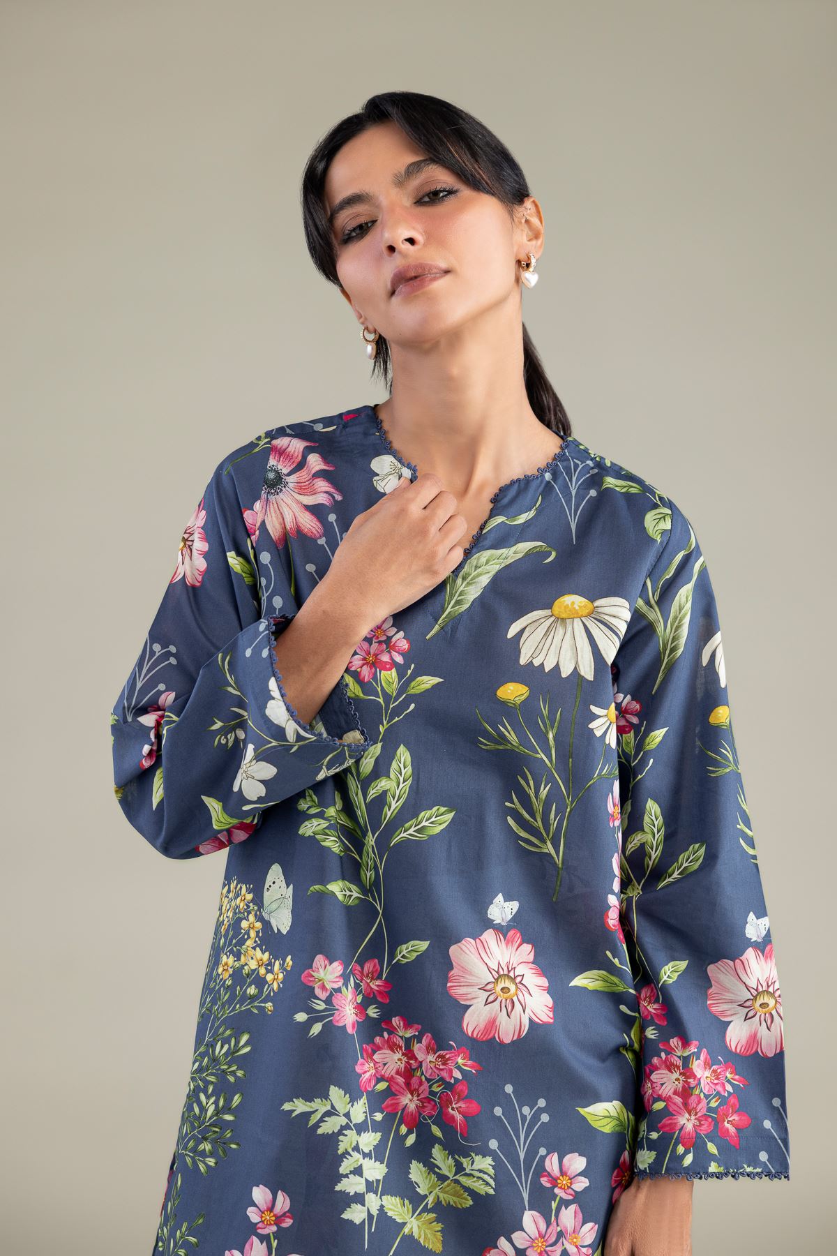 Printed Cambric Short Navy Kurta - 1-26-332-C-A2-VG