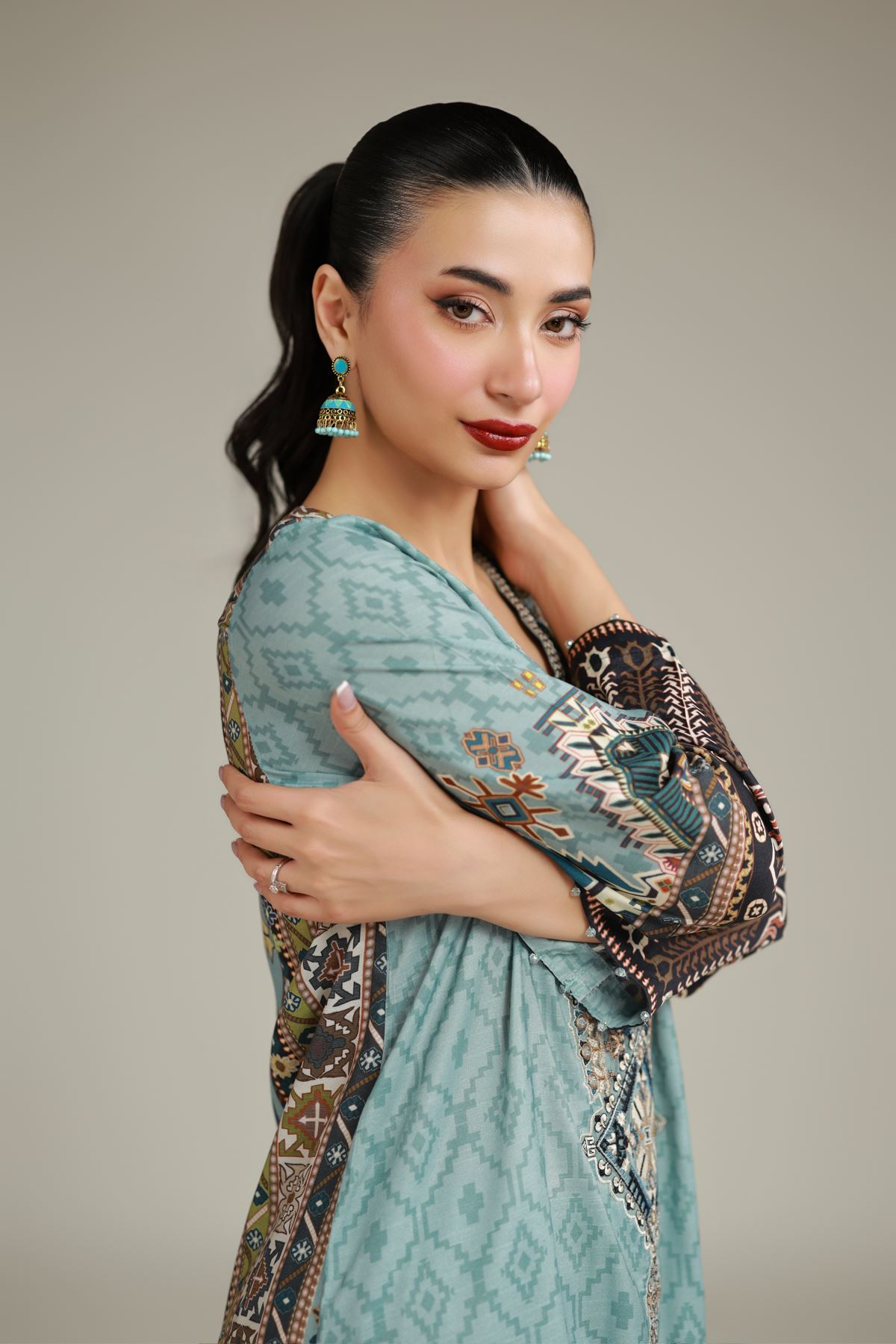 Embroidered Raw Silk Teal Longline Kurta - 1-26-101-A-D-VG