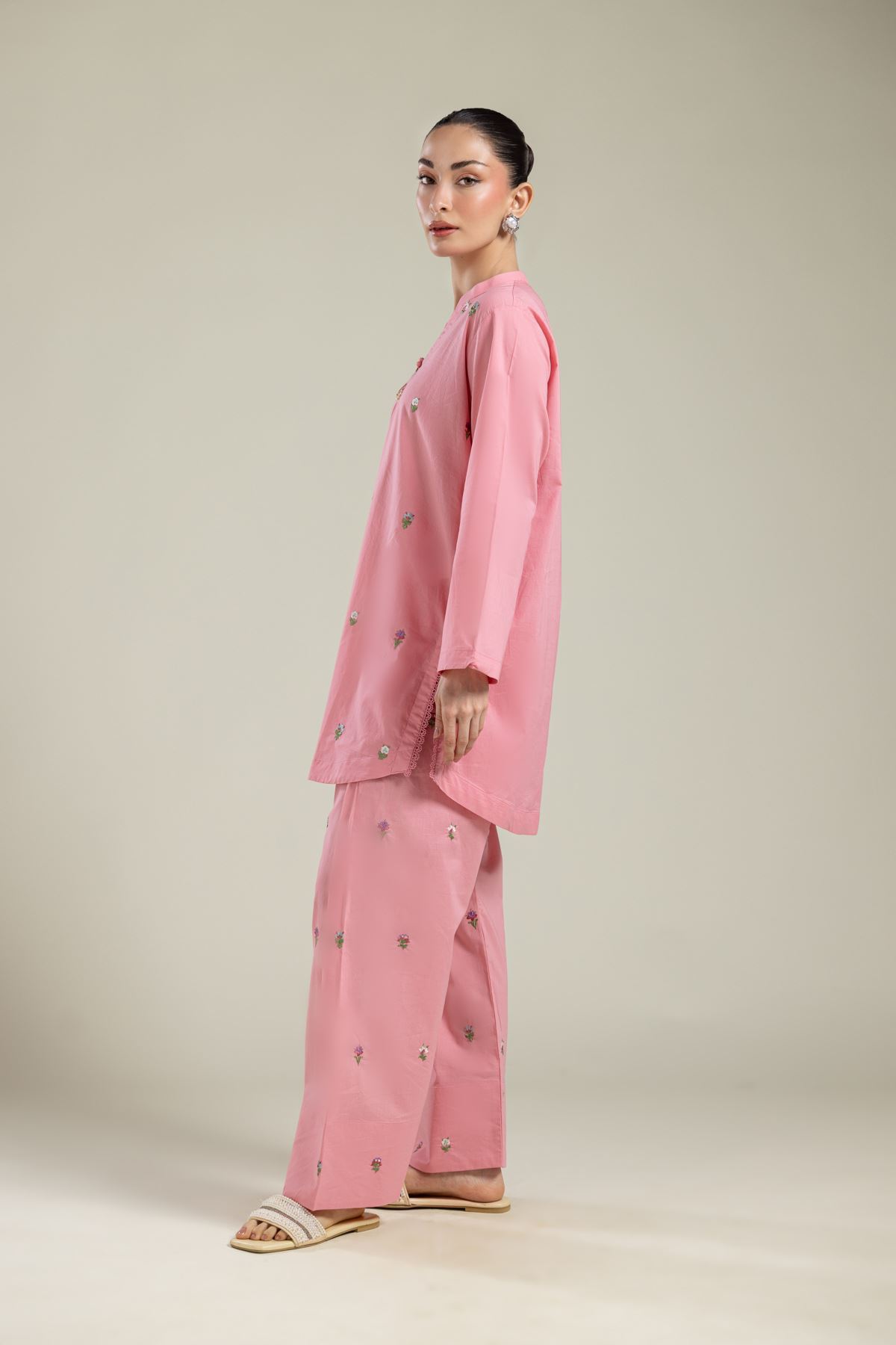 Embroidered Cambric Floral Pink Pants - 25-09-11E3-02TB-VG
