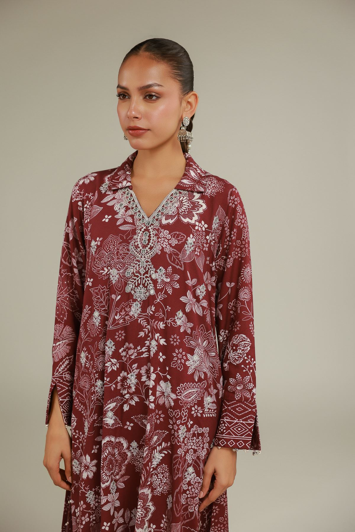 Embroidered Raw Silk Floral Longline Kurta - 25-10-12E9-02TA-VG